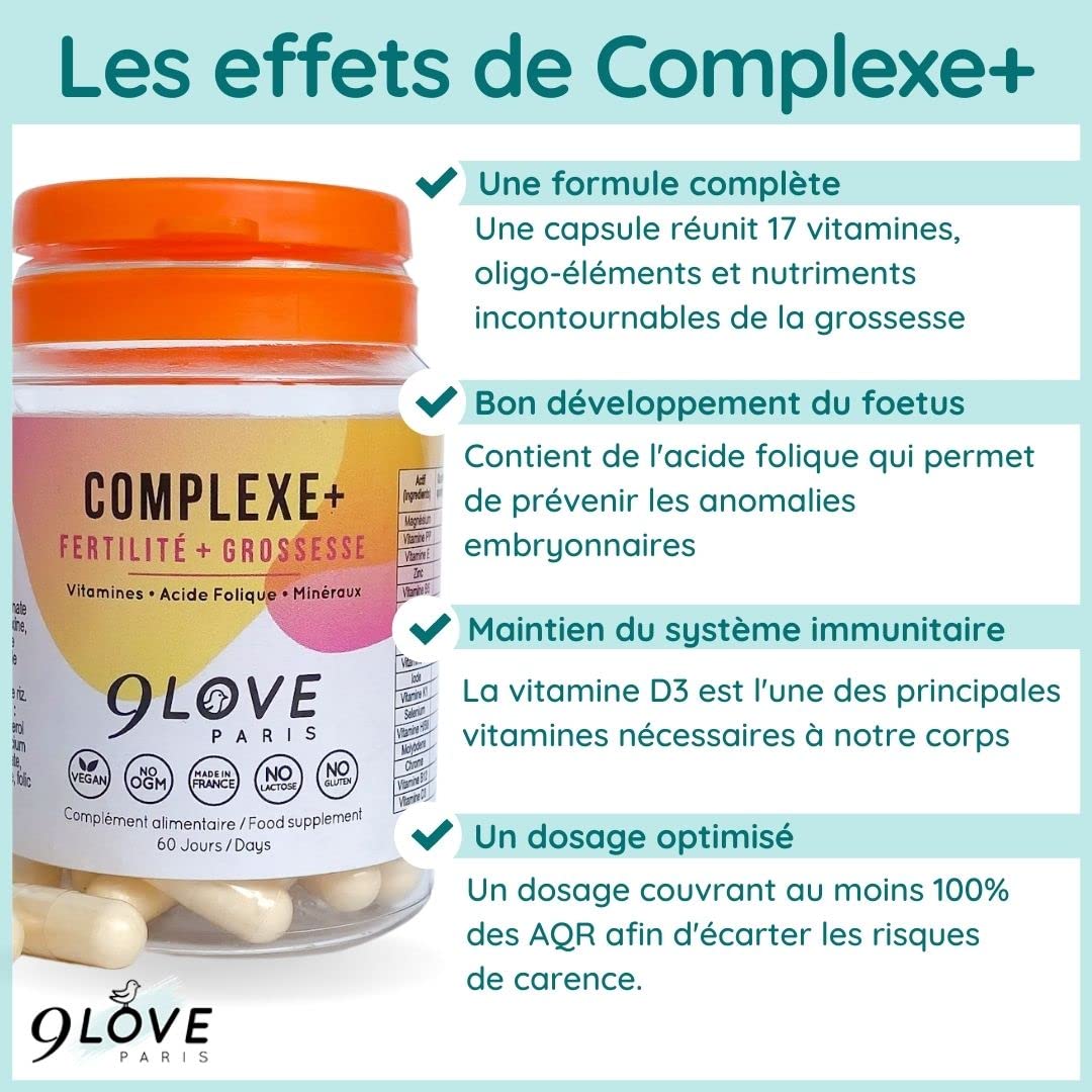 9LOVE - Acide Folique Vitamine B9 - Complément Grossesse, Conception et Fertilité - COMPLEXE+ 60 capsules - 13 Vitamines, Minéraux et compléments dont B12, D3, Iode, Zinc