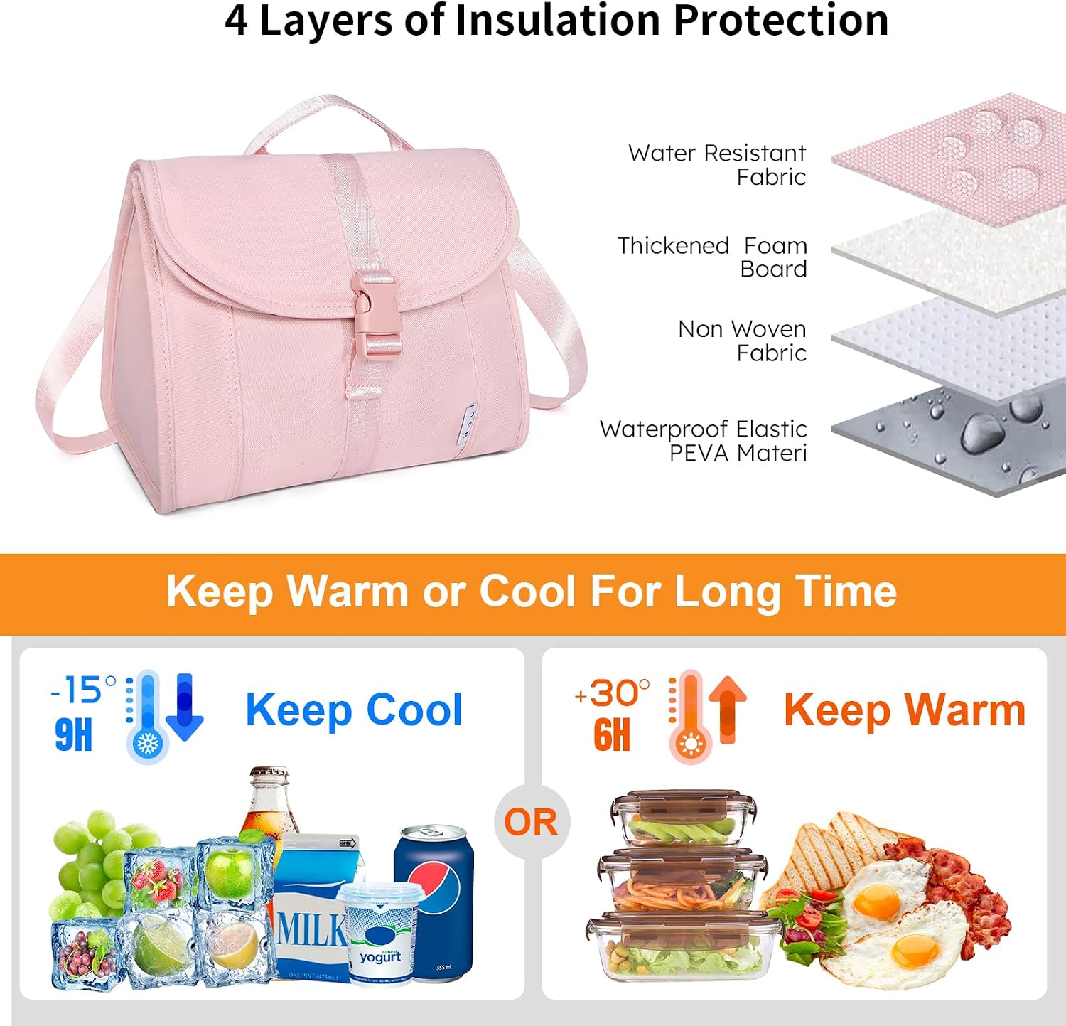 NOL Natural Organic Lifestyle Insulated Lunch Bag for Women/Men, Reusable Nylon Leakproof Lunch Cooler Box, Lunch Tote Bag With Buckle for Work Travel Picnic (Pink)