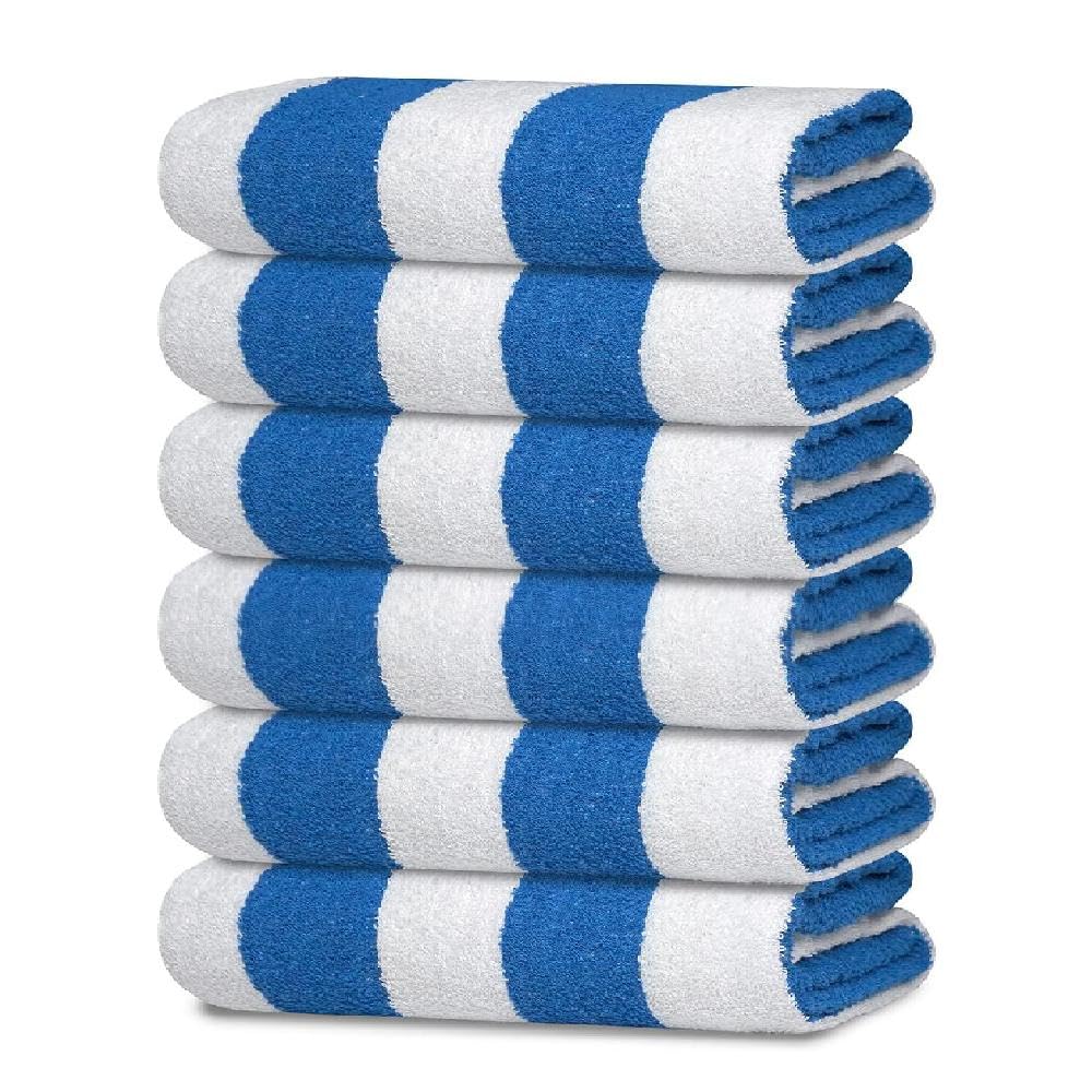 Cabana Beach Towels (Blue Stripe) 6 Pack (Size 30x60) Inches Oversized, 100% Ring Spun Cotton, Highly Absorbent Large Pool Towels, Super Soft and Quick Drying, Swim Towels