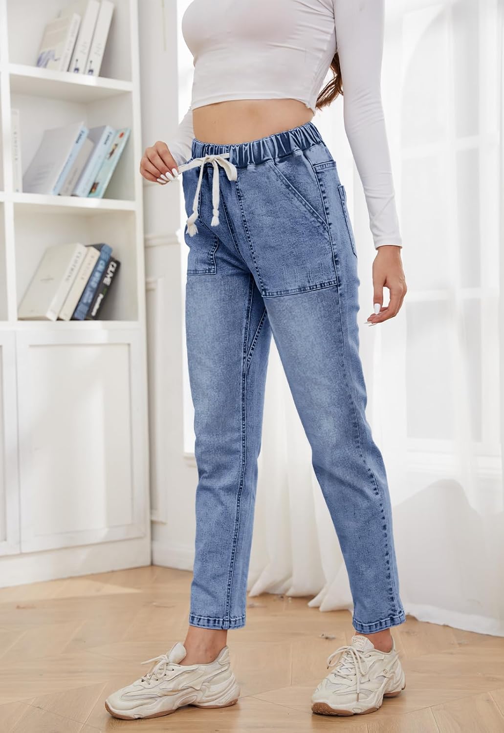 Metietila Womens Pull-on Jeans Stretch High Waisted Elastic Waist Jeans for Women Denim Joggers Pants - Image 3