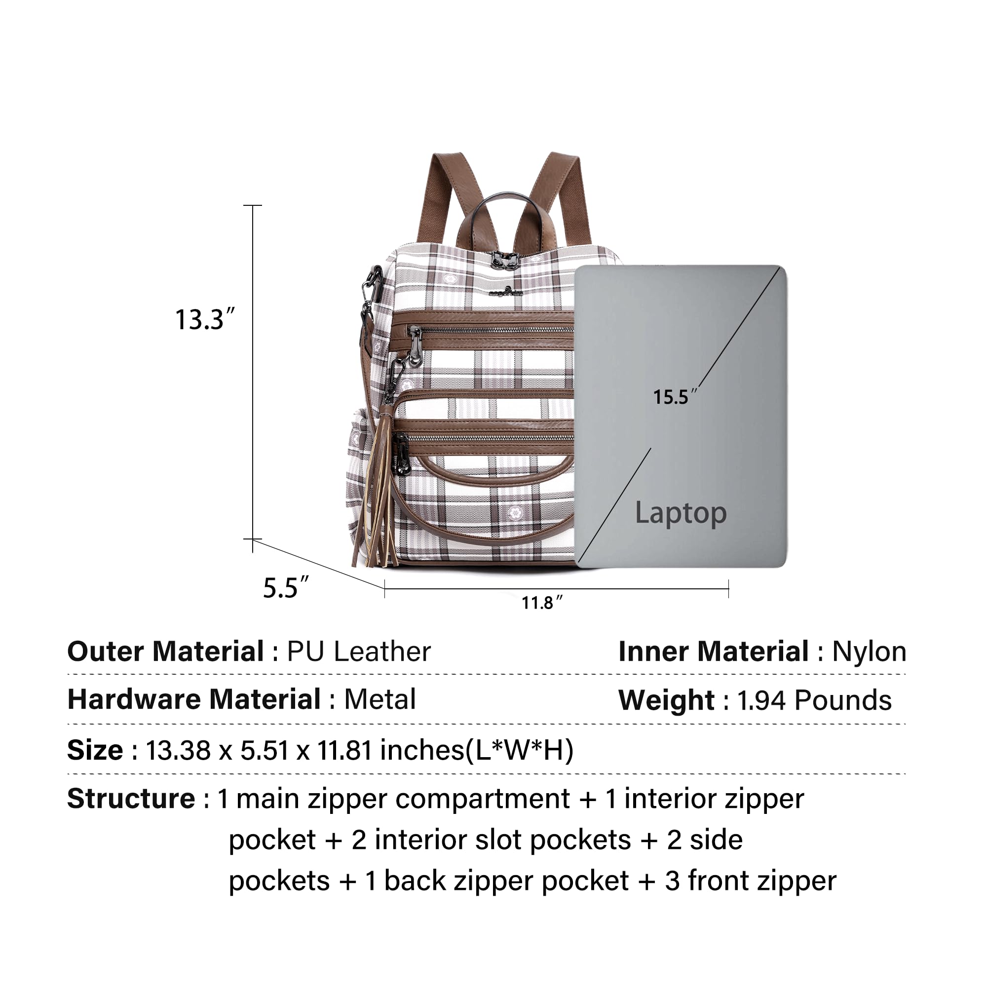 Las mujeres Bolsos Mochila Bolso Cuero PU Bolsas con Cremallera Casual Mochilas Bolsas de Hombro (DK8532G#FC#6/21706#400 TAUPE/TAUPE)