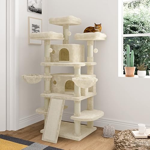 IMUsee 68 Inches Multi-Level Large Cat Tree for Large Kitties/Big Cat Tower with Condo/Cozy Plush Perches/Sisal Scratching Posts and Hammocks/ ‌Feline Activity Center Play House/Beige - Beige