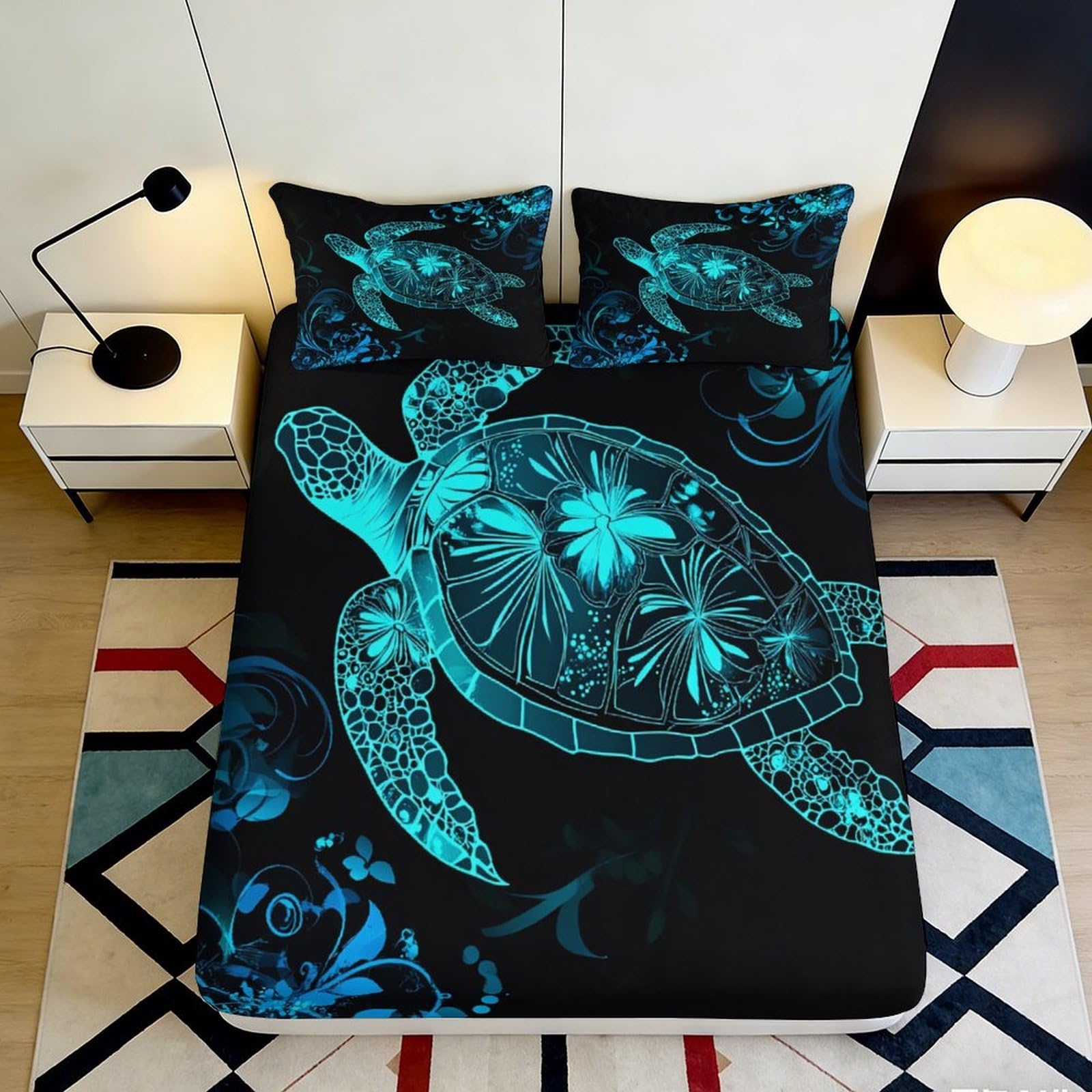 3D Printed Sea Turtle Fitted Sheet Microfiber Soft Breathable Ocean Coral Mattress Cover for Bedroom Dorm Decor 90x200x25cm