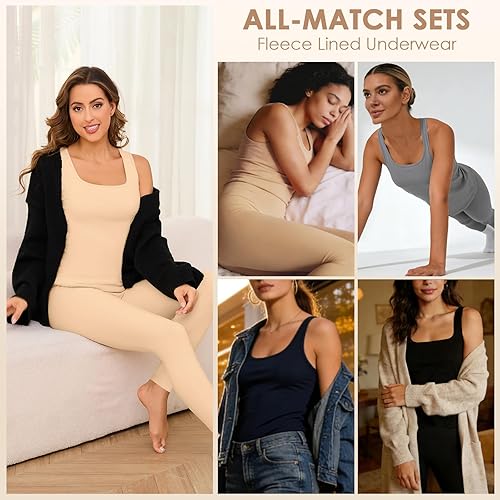 Miniatura 5 de Conjuntos de ropa interior térmica para mujer, pantalones largos de forro polar, capa base térmica, para clima frío, conjunto de camiseta e inferior