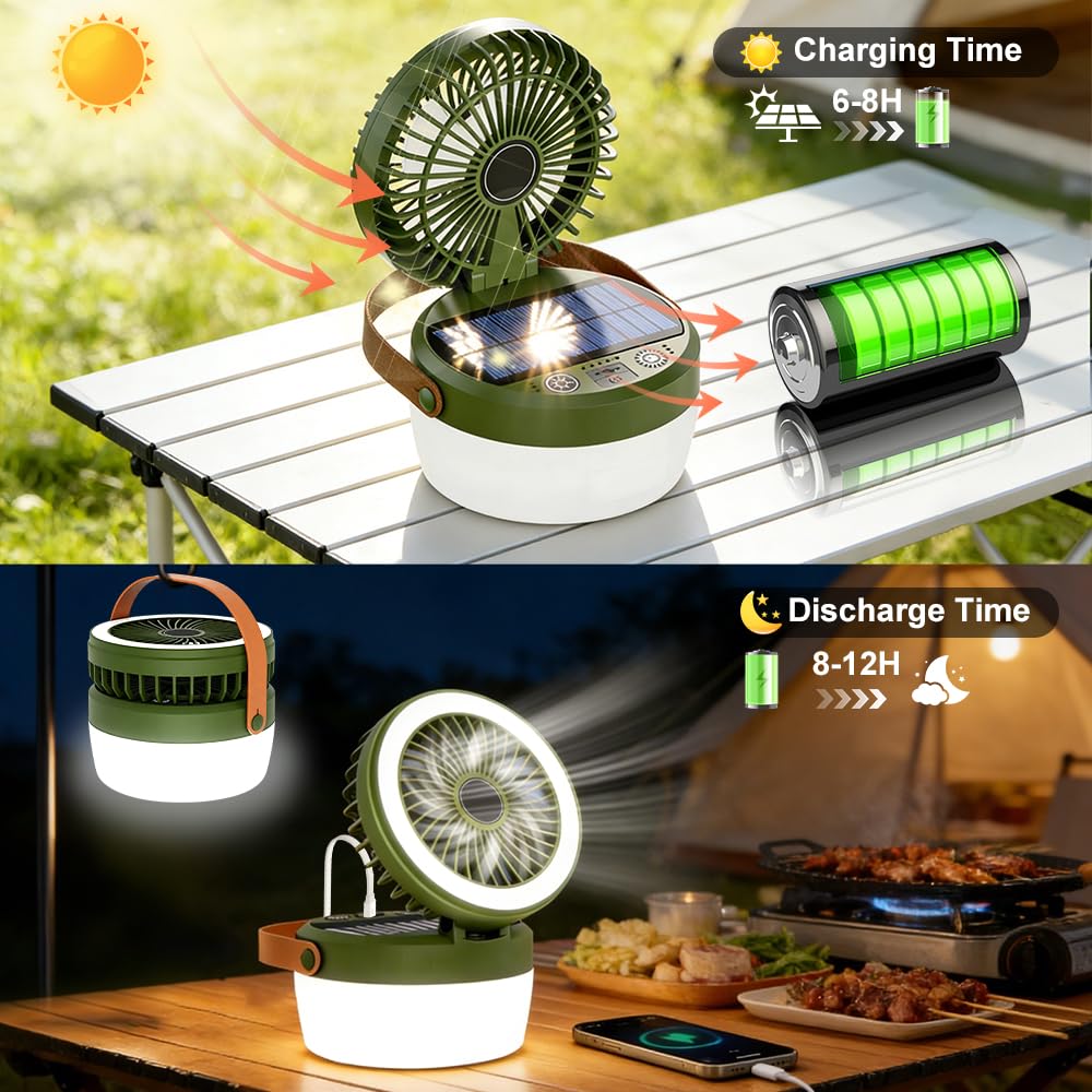 LED Campinglampe Solar, Tragbarer Camping Ventilator mit 4 Leuchtmodi | 3 Windgeschwindigkeiten, Campinglampe Akku Aufladbar für Außenaktivität, Wandern, Zeltlampe, Umgebungslicht, Notfall