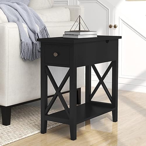 Miniatura 9 de ChooChoo Juego de 2 mesas auxiliares, mesa auxiliar estrecha abatible con cajón, mesita de noche pequeña para sala de estar, dormitorio y espacios