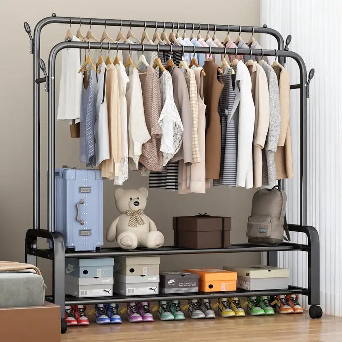 MeubelsvanJoep kledingrek zwart dressboy inclusief wieltjes - Kleding rek metaal - Kledingrek met schoenenrek - Garderoberek met kledingstangen - Garderoberek staand 110 x 50 x 162 CM