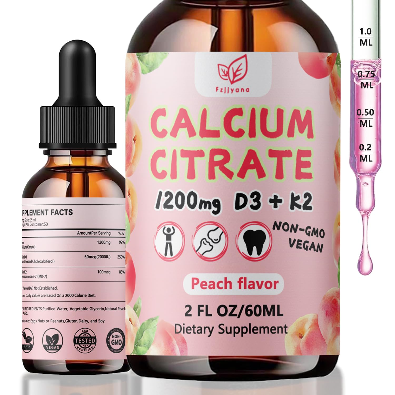 Liquid Calcium Citrate Drops,Calcium 1200 Mg with Vitamin D3 and K2 for Women & Men.Supports Bone Muscle & Teeth - Natural Peach Flavor,2 Fl Oz- 30 Day Vegan Supply