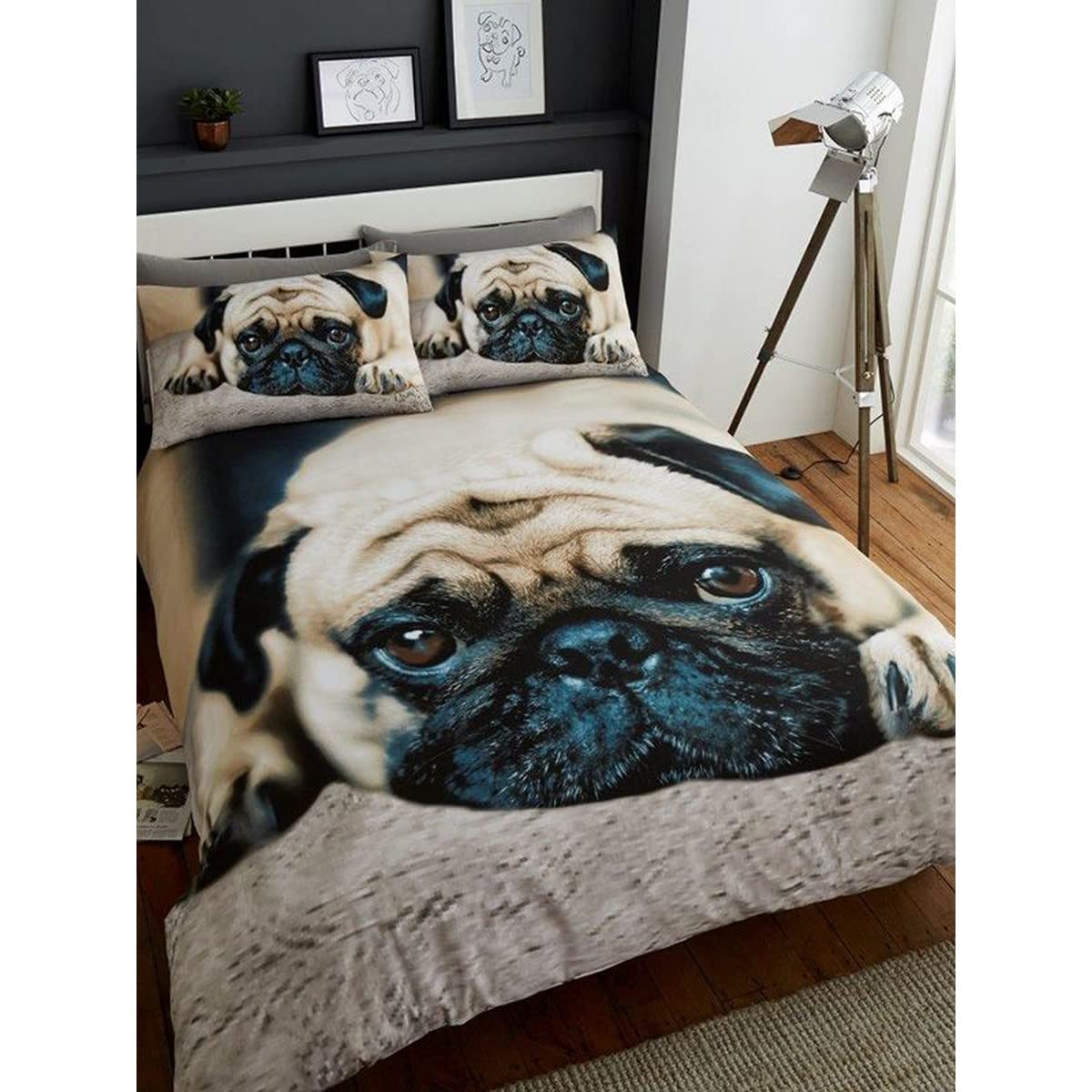 Gc Gaveno Cavailia Sweet Pug Wildlife 3D Bed Set With Duvet Cover And Pillow Case, Polyester-Cotton, Multi, Double