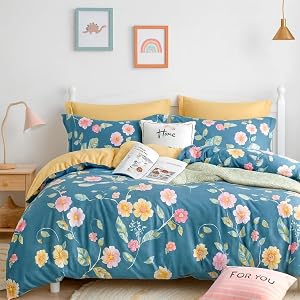 MiniSteps Duvet Cover Set 100% Cotton - 1 Duvet Cover + 2 Pillowcases - Bedding Set with Zipper Closure - Reversible Bedding Set for Kids - Children Bedroom Decor (Blue Meadow, Queen)