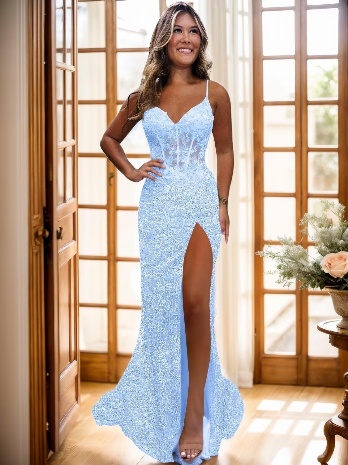 Monvelli Appliques Sparkly Sequin Prom Dress Long Ball Gown 2026 Mermaid V Neck Formal Evening Dress with Slit
