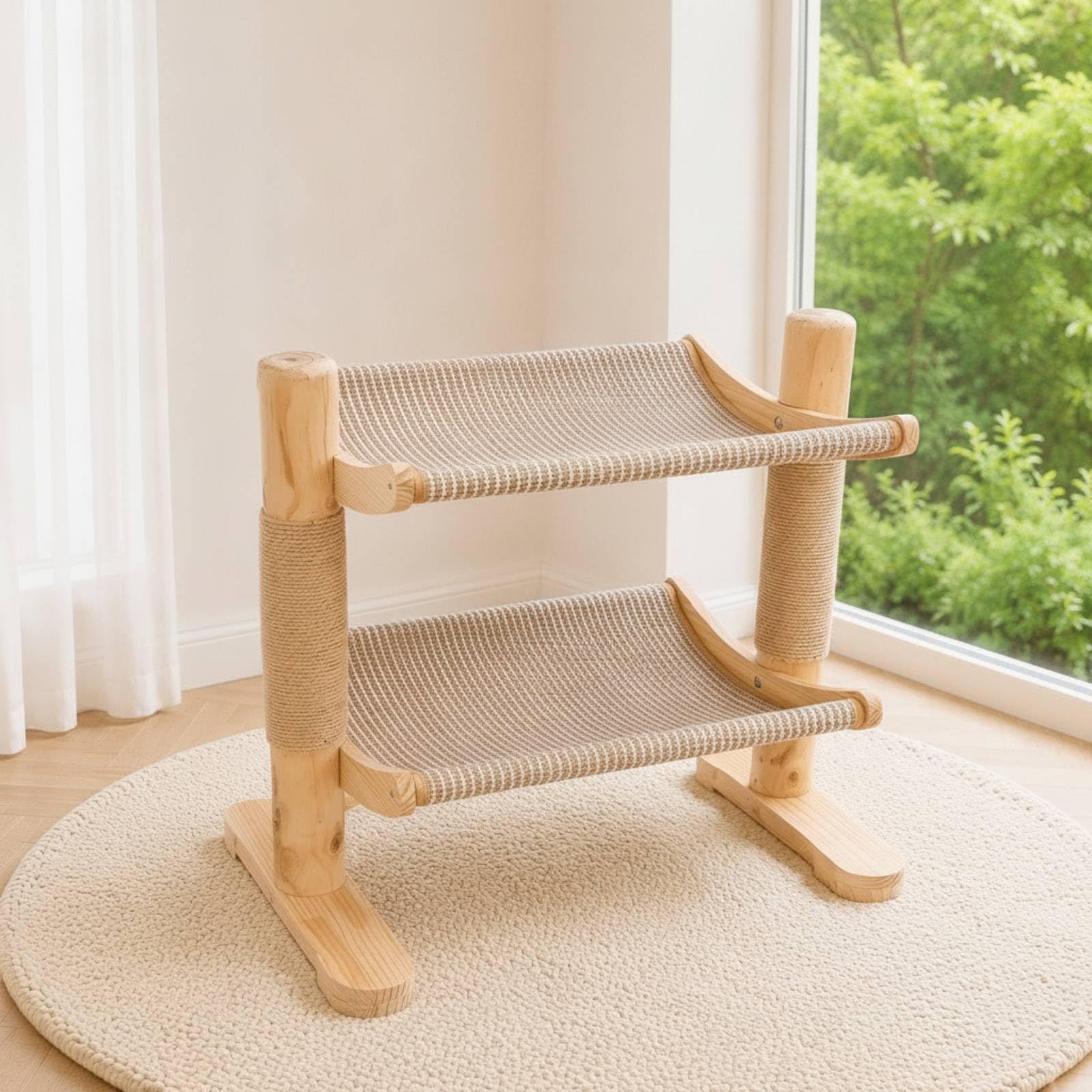 Albero per in Legno Massello Lavabile Tiragraffi con Piattaforme di Riposo Spazioso Tiragraffi con Colonne in Sisal per Arricchimento Quotidiano, Due Montanti Due Livelli