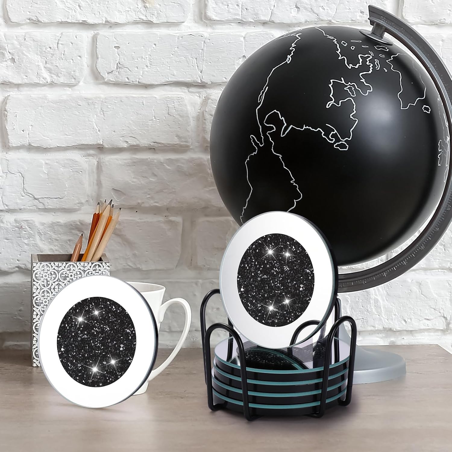 Jetec Mirrored Glass Coaster Set of 6 with 1 Holder 4" Crushed Diamond Round Cup Mat Glitter Crystal Rhinestone Glass Coaster Bling Table Decor for Bar Kitchen Gift for Christmas(Black,4 Inch)