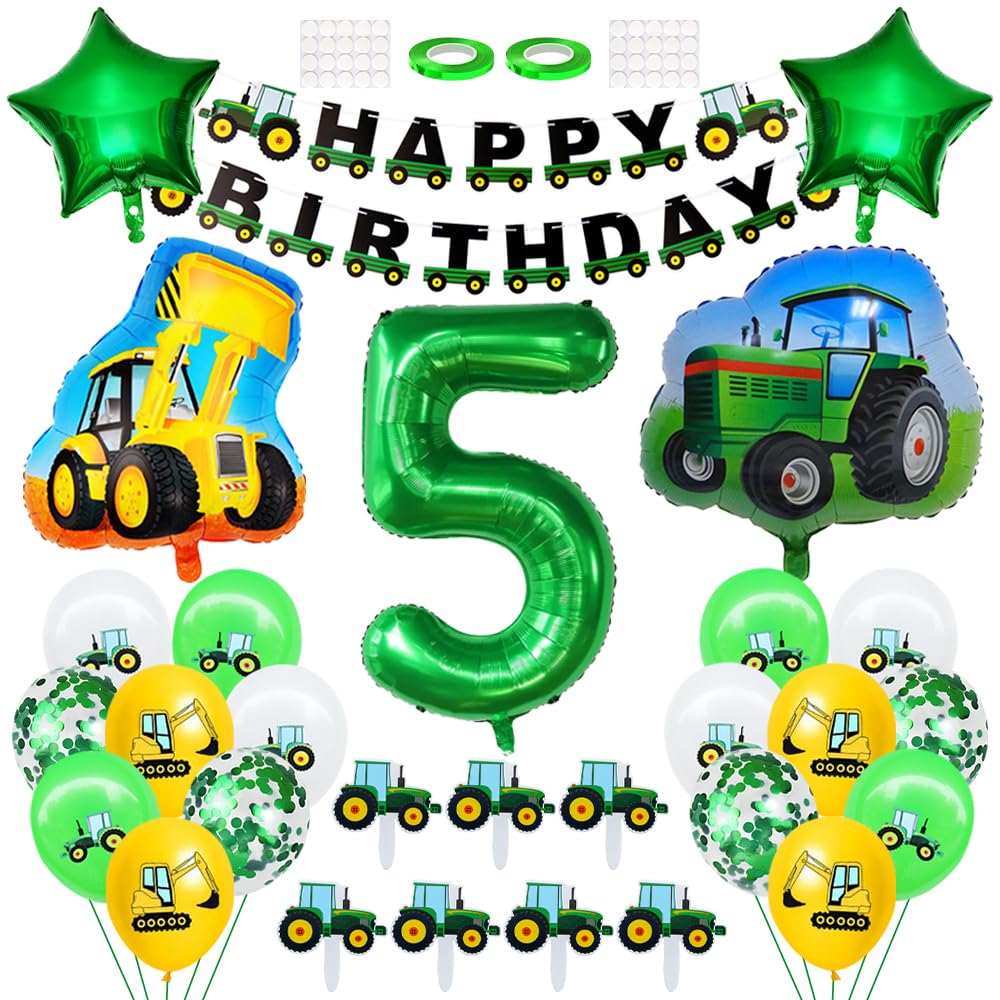 5. Geburtstags-Deko Set Mit Traktor & Bagger Motiven - Inkl. Ballons, Banner & Cake Topper