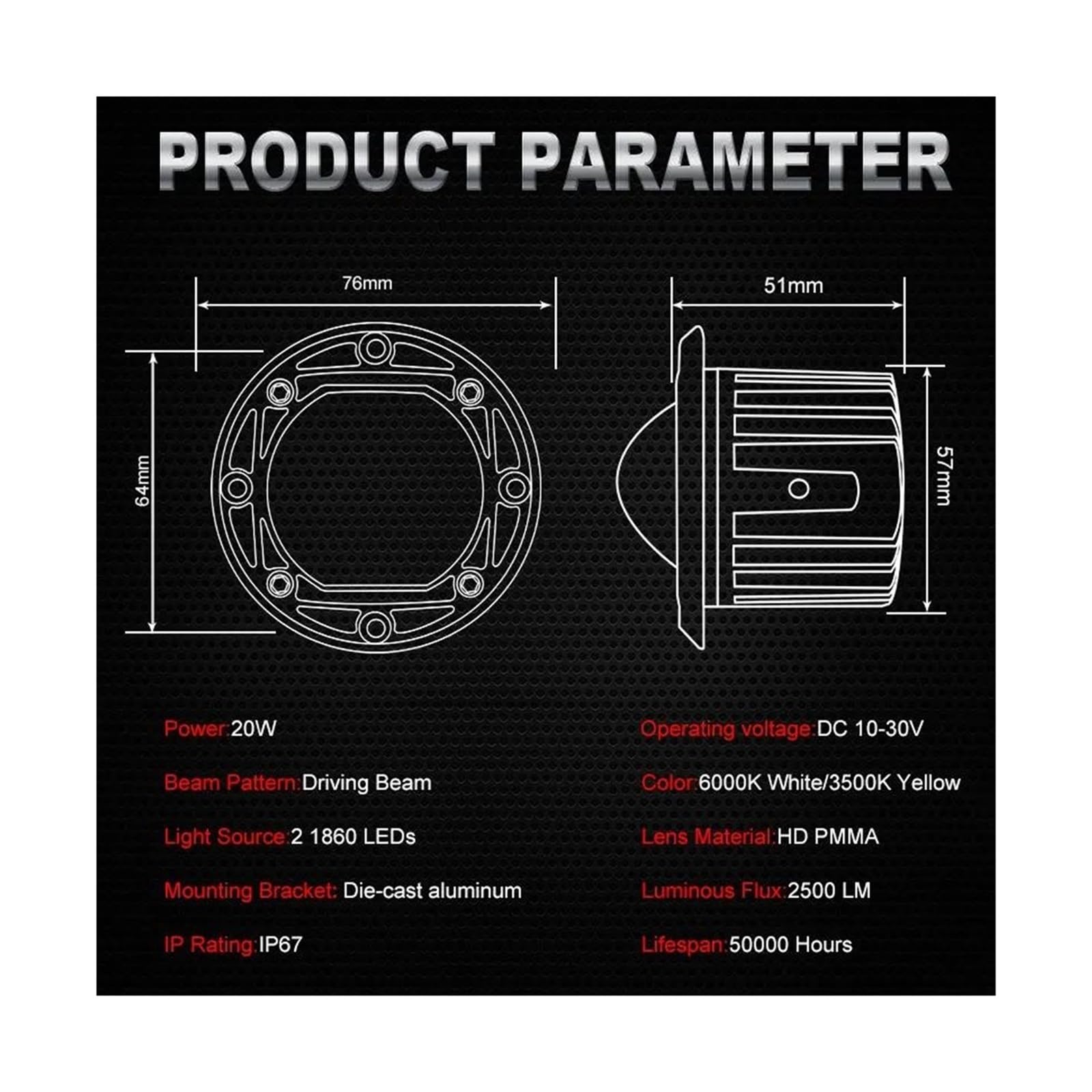 FRENO TRASERA LED Lámpara de trabajo LED empotrada para coche luz de marcha atrás parachoques trasero 12/24 V para Ford 4x4 todoterreno ATV camión(2pcs Round Light)