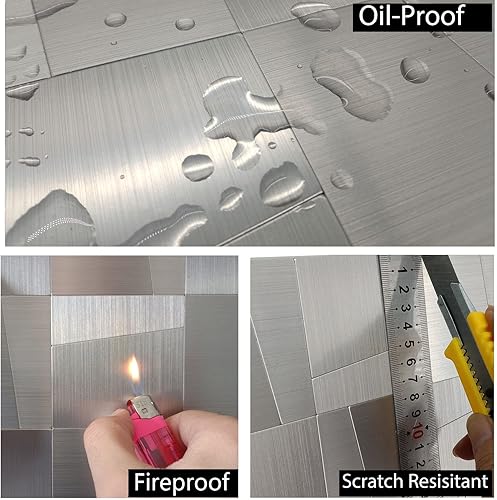 Miniatura 8 de YMMXGE Panel de 5 hojas de metal autoadhesivo para cocina, mosaico de aluminio autoadhesivo 3D, 11.81 x 11.81 x 0.12 pulgadas (5, negro cepillado)