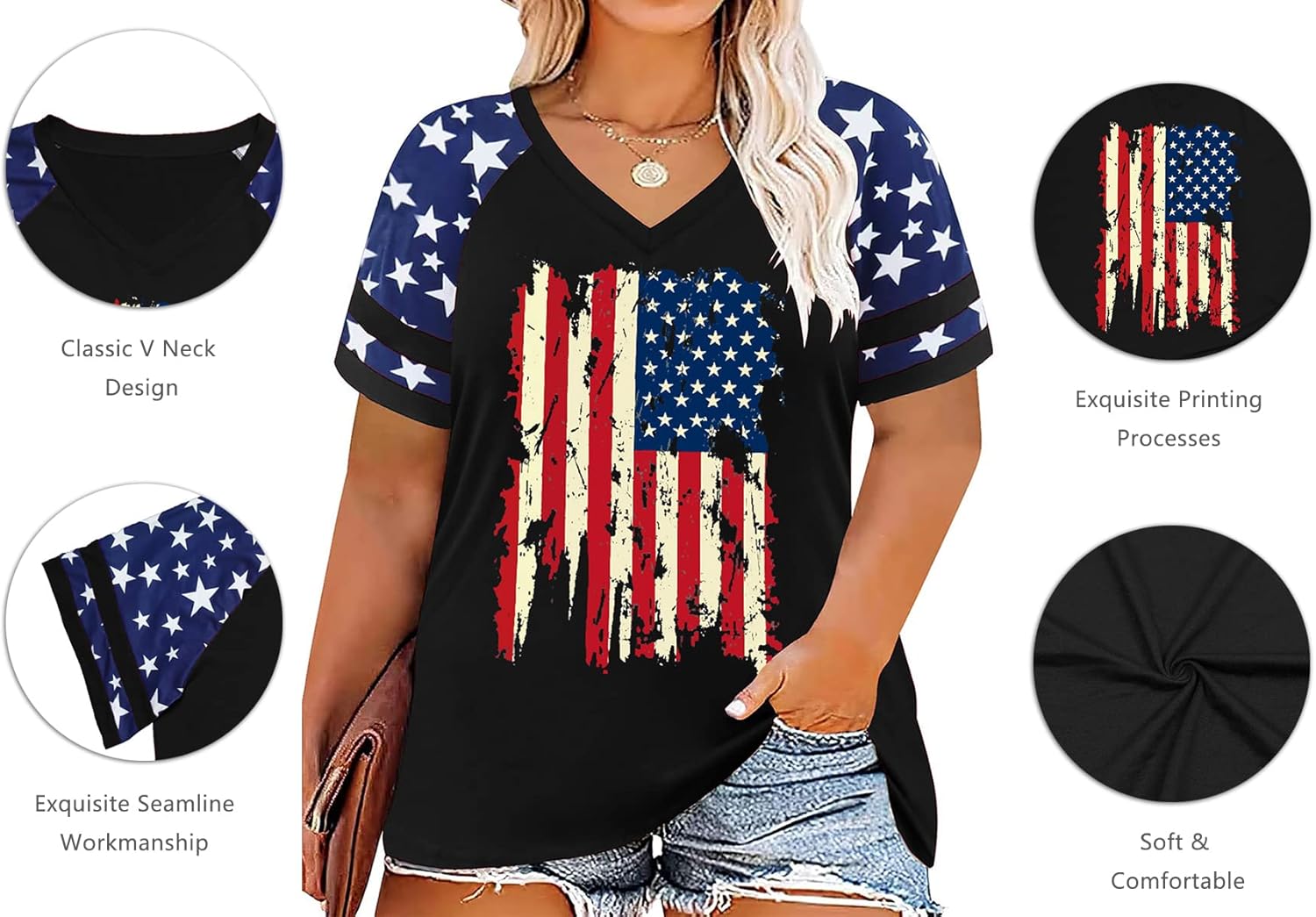 Plus Size Tops American Flag Shirts Womens V Neck Patriotic Tshirt USA Graphic Tee 4th of July T-Shirt - Image 2