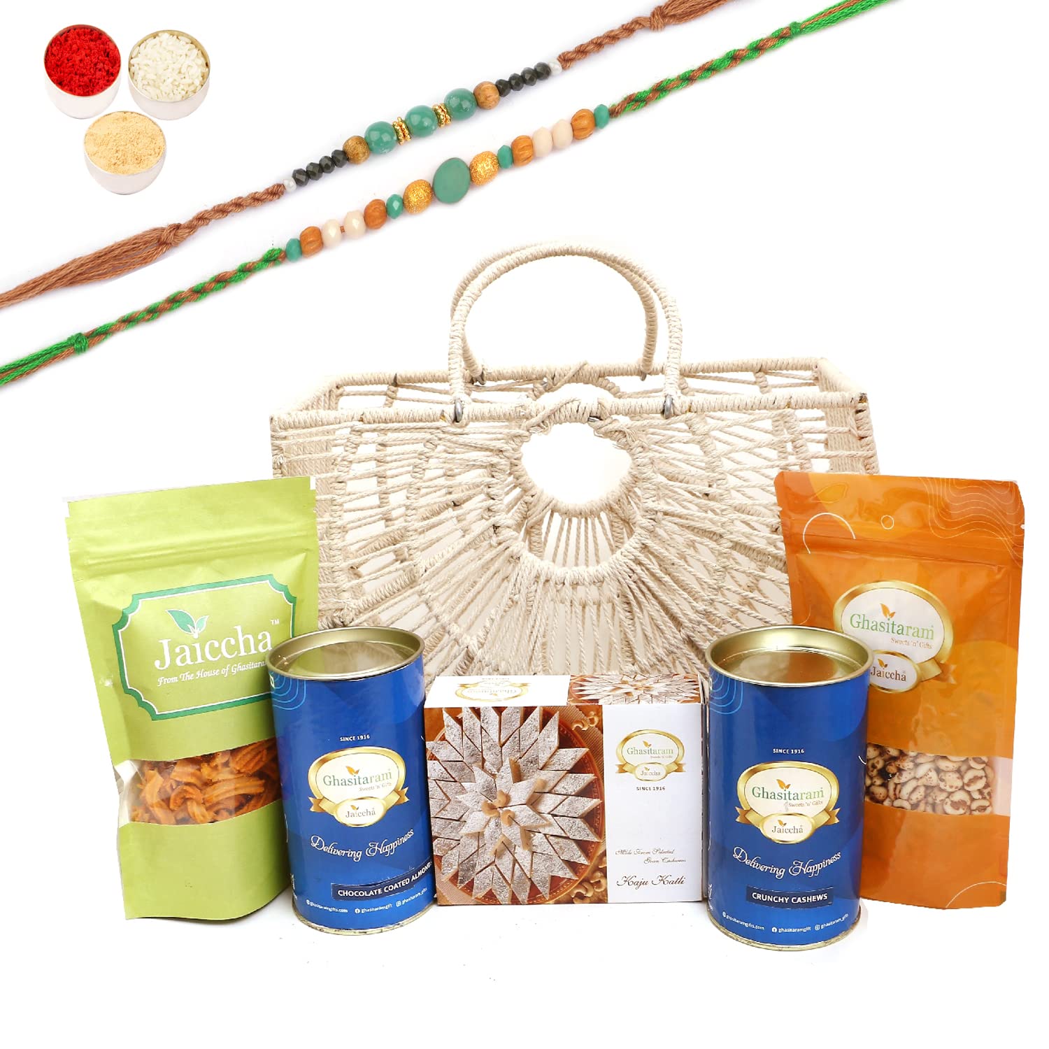 Ghasitaram Gifts Rakhi Gifts for Brothers Jute Fancy Basket/ Carry Bag/ Magazine Holder of Assorments with Kaju Katli with 2 Green Beads Rakhis