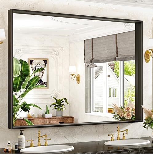 Espejo de baño negro de 24 x 36 pulgadas para pared, espejo rectangular con marco de metal negro, moderno espejo de tocador con marco de aleación de