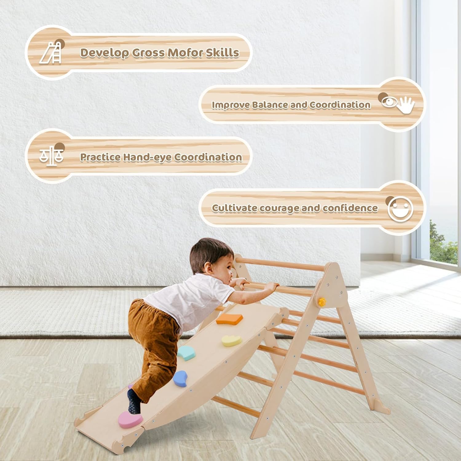 4-in-1 Montessori Kletterdreieck, Klettergerüst Indoor mit Rutsche, Kletterleiter und Kletterbogen, Wippe, Faltbares Holz Klettern Spielzeug Indoor Outdoor Set, Indoor Spielplatz 1-5 Jahre