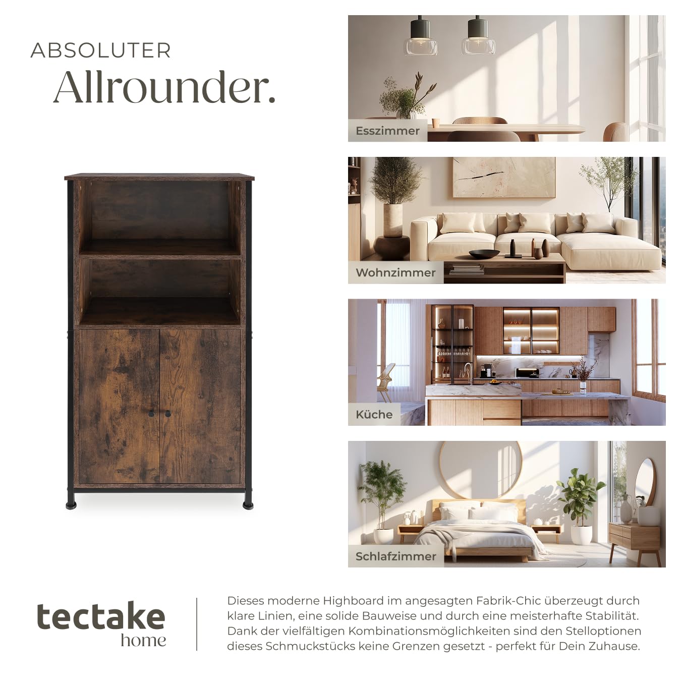 tectake® Industrial Highboard, Kommode mit offenen Fächern und Schrankfach, Sideboard, Flur Möbel, Wohnzimmerschrank, Bücherschrank, schmaler Schrank Schlafzimmer (Industrial Dunkelbraun)