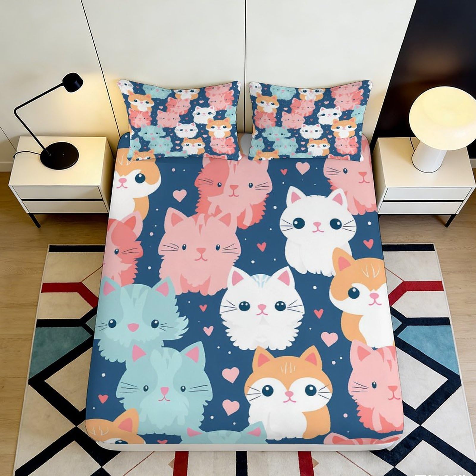 3D Printed Cute Cartoon Cat Fitted Sheet Microfiber Soft Bedroom Decor Pastel Kitten Mattress Cover for Home 140x200x25cm