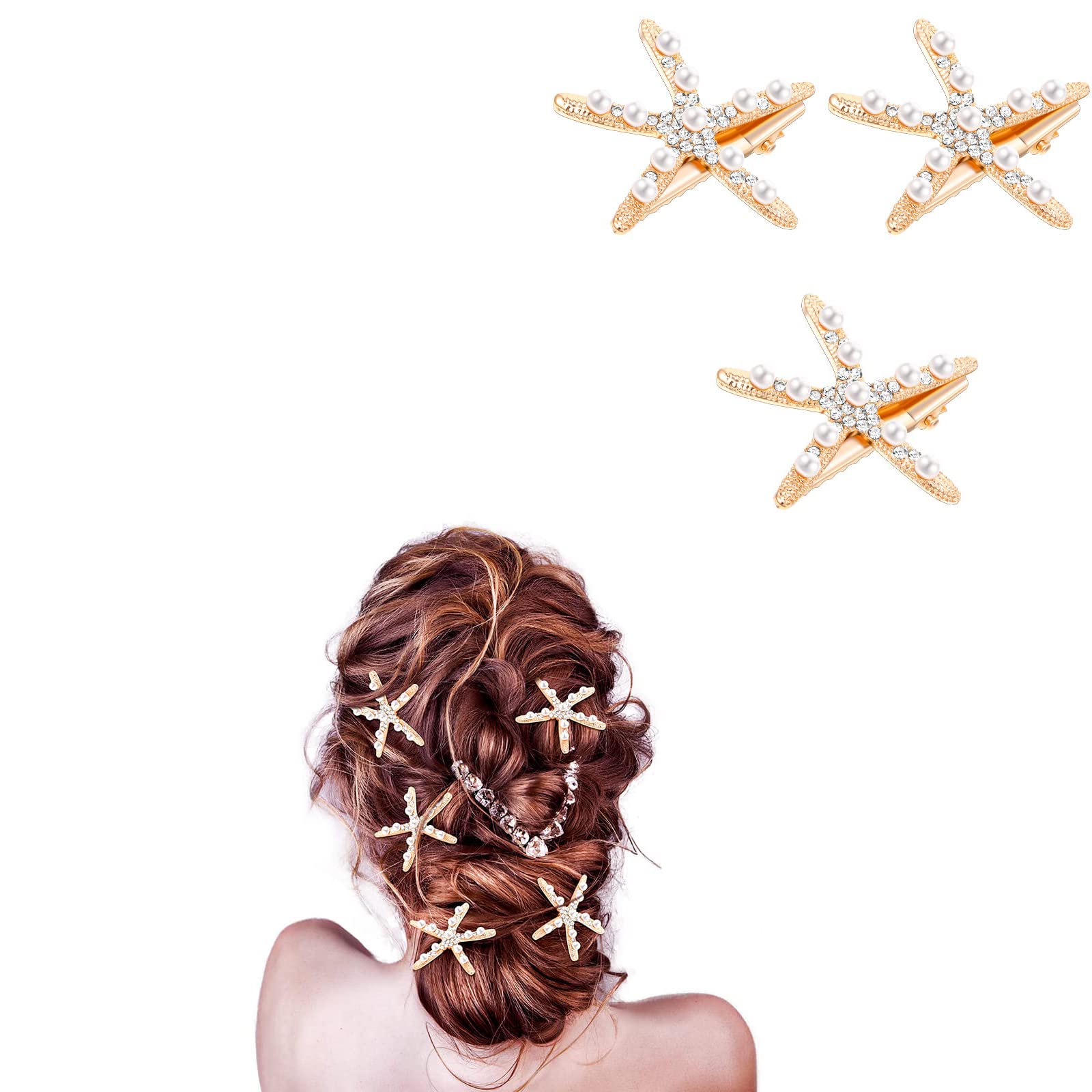 MAKINGTEC 3 Pcs Starfish Hair Clip, Gold Seashell Hair Clips, Small Star Fish Hair Piece for Wedding, Small Starfish Hairpin, Crystal Starfish Barrette, Beach Sea Star Clip