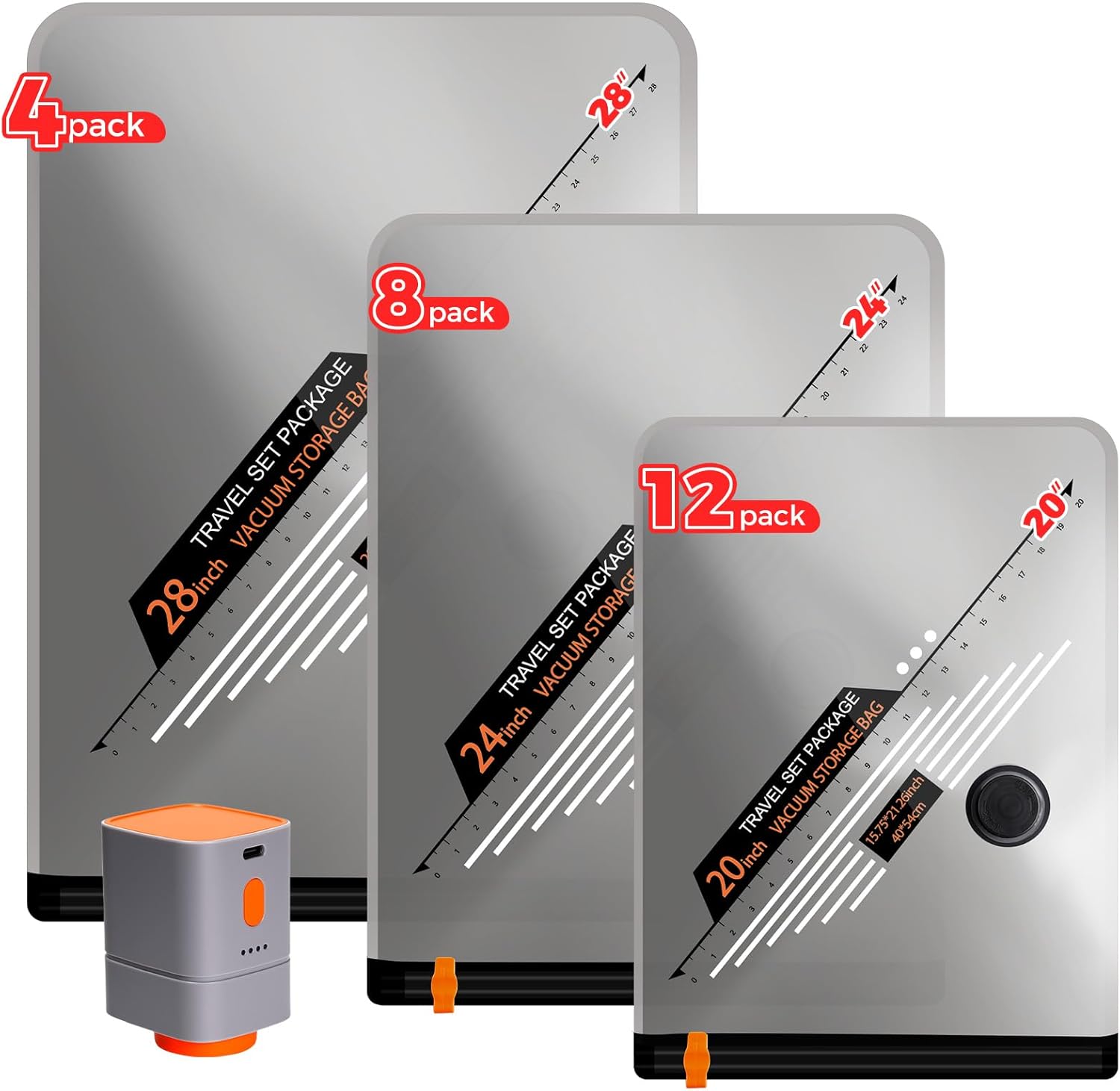 Travel Vacuum Storage Bags with Rechargeable Cordless Pump, Portable Compression Packing Seal Bags, Space Saver Packing Bag for Travel, Vacuum Seal Bag for Home Clothing Luggage Storage, 24 Combo Set