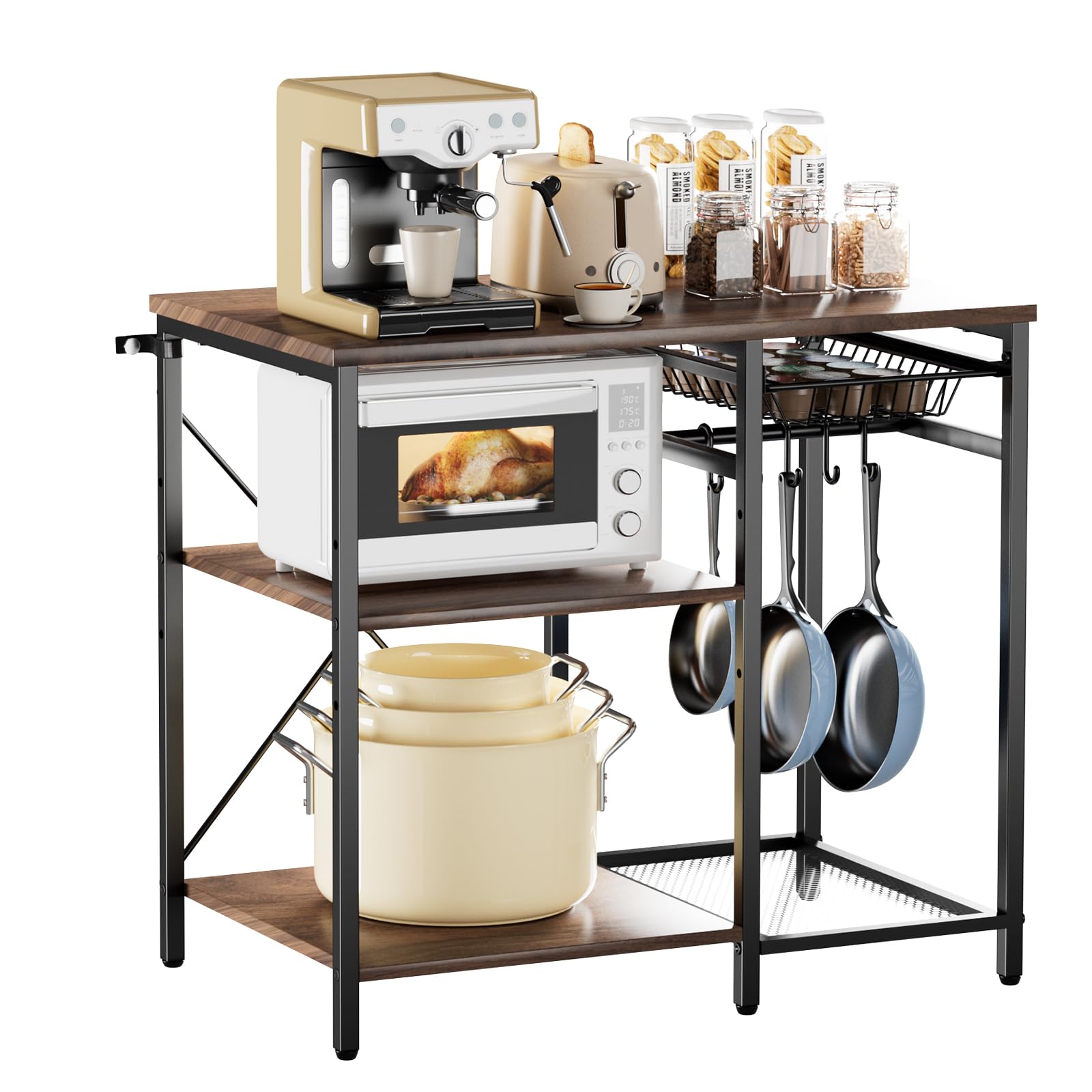 VEVOR Estante para Panaderos de Cocina de 3 Niveles, Estantería de Almacenamiento de Servicios 90 x 40 x 90 cm con 5 Ganchos, Carga del Superior de 30 kg, Estante con Soporte para Horno Microondas