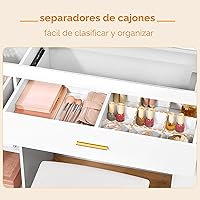 Vista 8 de BEWISHOME Tocador Grande de 49.2" con Espejo y Luces, Mesa de Maquillaje Blanca con Superficie de Vidrio, Taburete, Escritorio de Maquillaje
