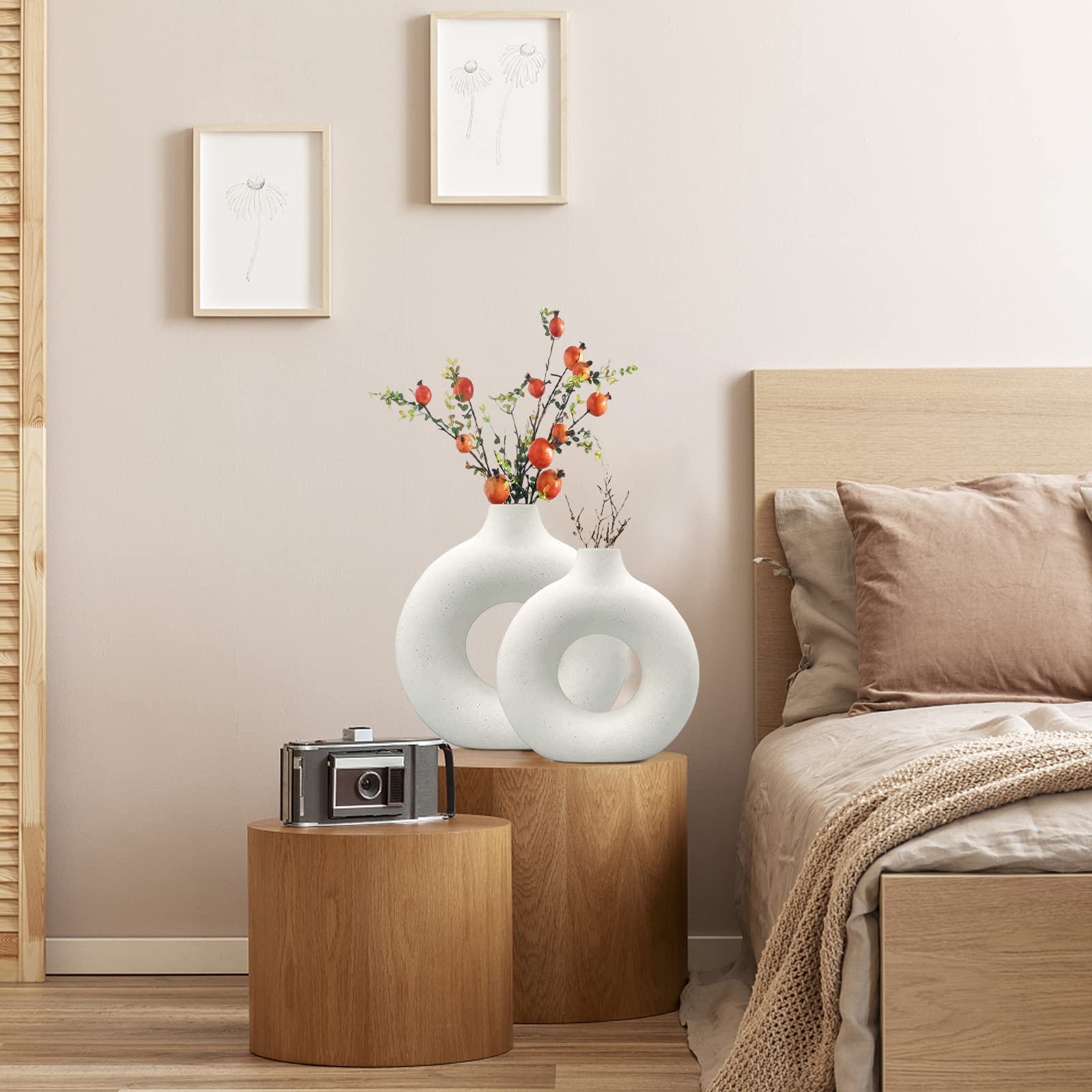 Lot De 2 Vases Céramique Blanc Et Doré - Forme Beignet - Déco Bohème Moderne - Pour Herbe De La Pampa