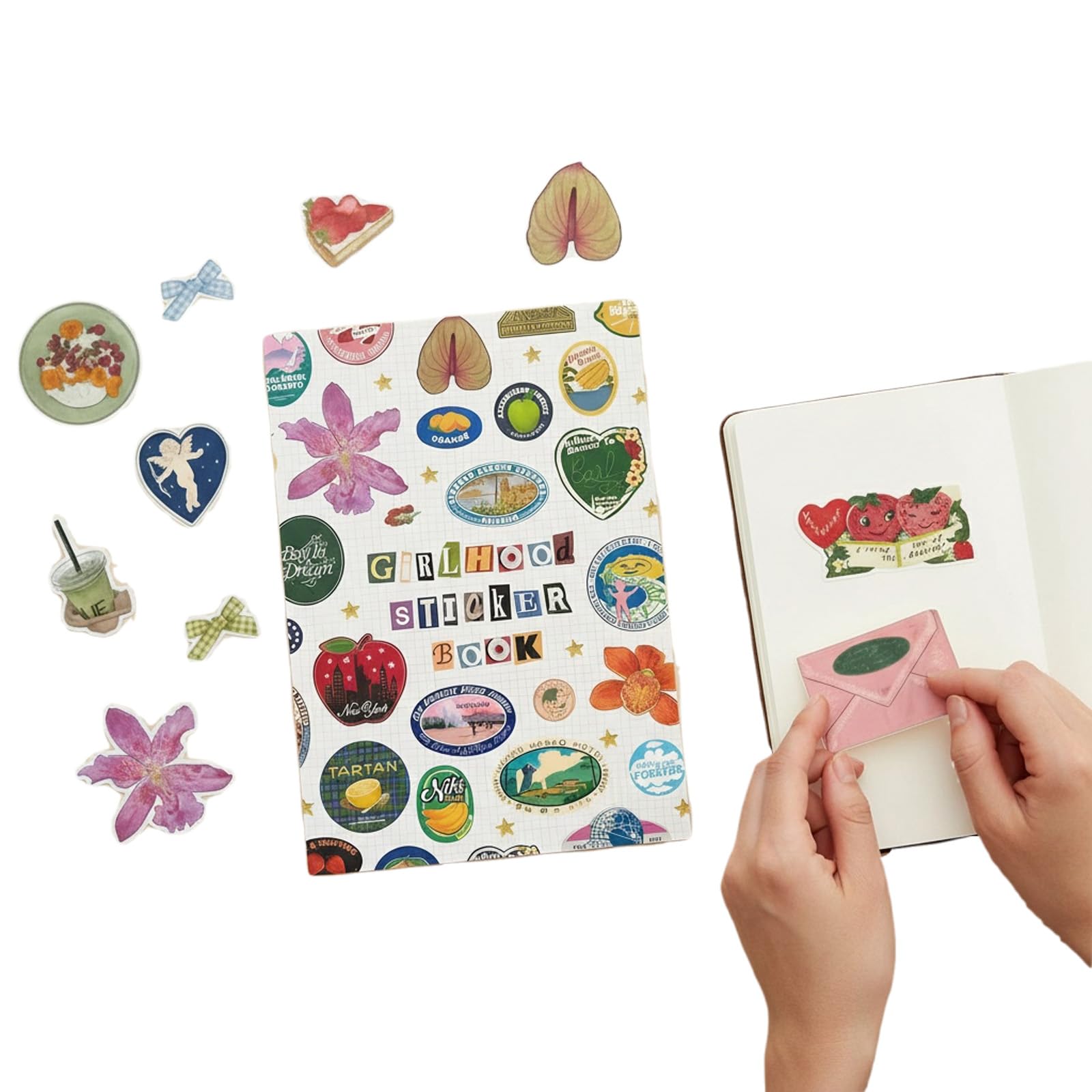 CHANGYUE Książka z naklejkami Girlhood 1000+ estetycznych naklejek z wielobarwnymi wzorami Owocowe ikony Pastelowe litery Naklejki do scrapbookingu Dziennik Nastolatki Studenci Dorośli