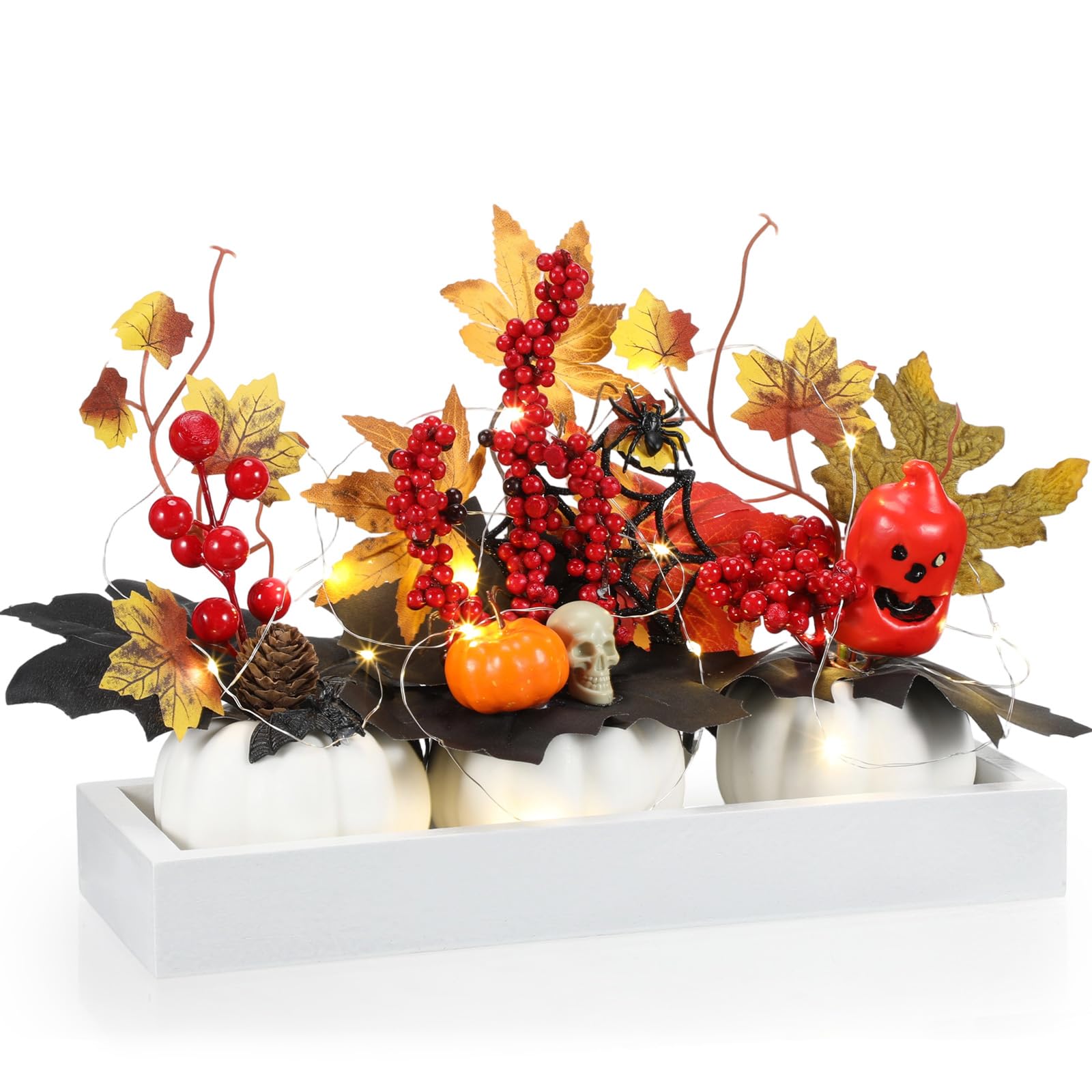 Yalikop Juego de 4 centros de mesa de calabaza de otoño con mini bandeja de madera y luz LED para cosecha, decoración del hogar, cocina, fiesta de Acción de Gracias, centro de mesa (blanco)