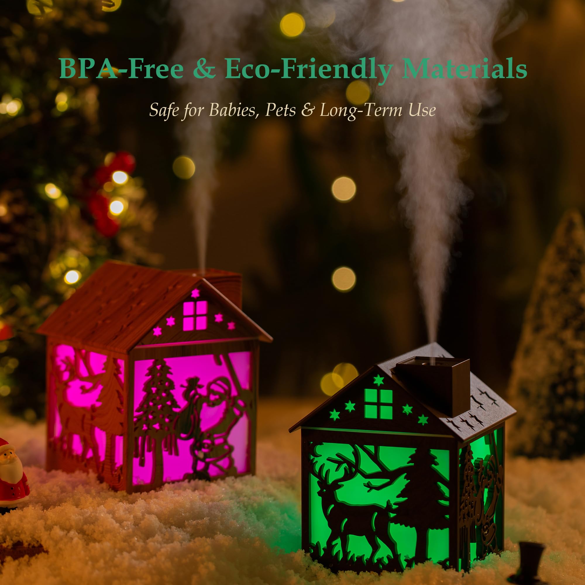 Humidificateur de maison en bois de Noël – Mini humidificateur à brume froide de 240 ml avec design Père Noël LED, lumières 7 couleurs, alimenté par USB, arrêt automatique, cadeau de décoration de