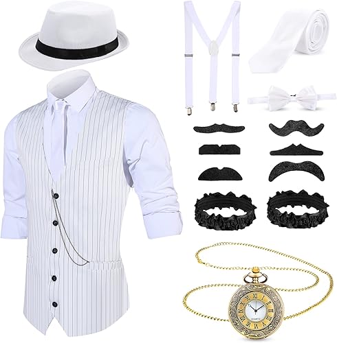 SATINIOR - Disfraz de los años 20 para hombre con accesorios, con chaleco de gángster, sombrero de Fedora, reloj de bolsillo vintage y tirantes