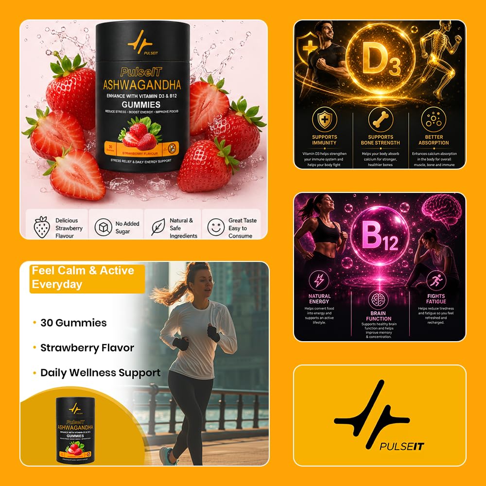 PULSEIT Ashwagandha Elite Gummies for Men & Women | Stress Relief, Calm Mind & Sleep Support | Herbal Ashwagandha Supplement | Strawberry Flavour | No Added Sugar | 30 Gummies — Amazon image 4