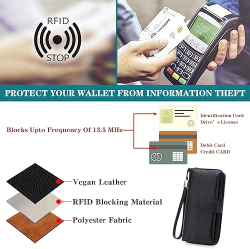 Miniatura 4 de GOIACII Cartera para mujer de gran capacidad con bloqueo RFID para mujer, tarjetero de embrague para teléfono, cartera larga de viaje, A03 negro,
