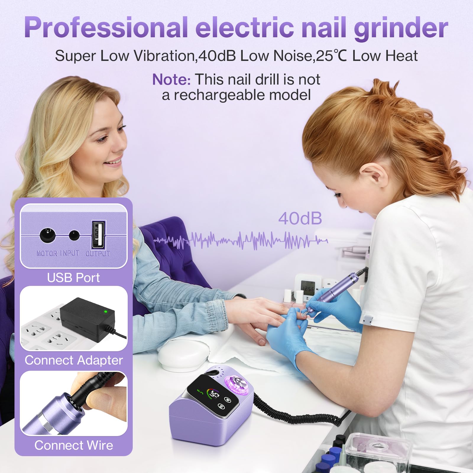 Ponceuse pour Ongles Professionnelle 45000 RPM 36 W, Ponceuse Ongles Portable avec Écran LCD & Support et 11 Embouts,Lime à Ongle Electrique Silencieux, Conçu pour Les Salons (violet)