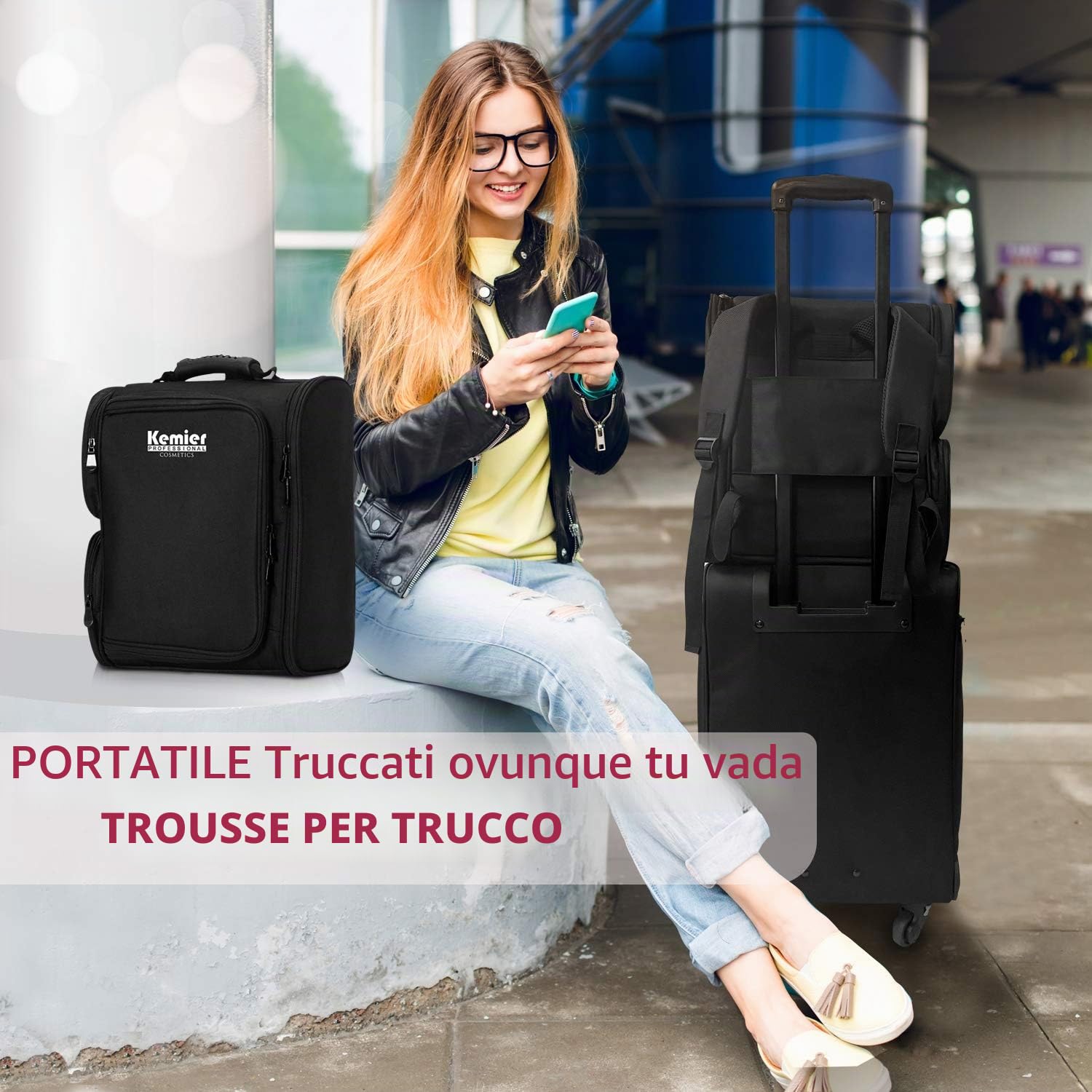 Trucco Borsa Protable Artist Zaino Trucco Custodia da Viaggio Trucco Organizer Bag Trousse da Toilette Borsa Cosmetica con Sacchetti - Nero