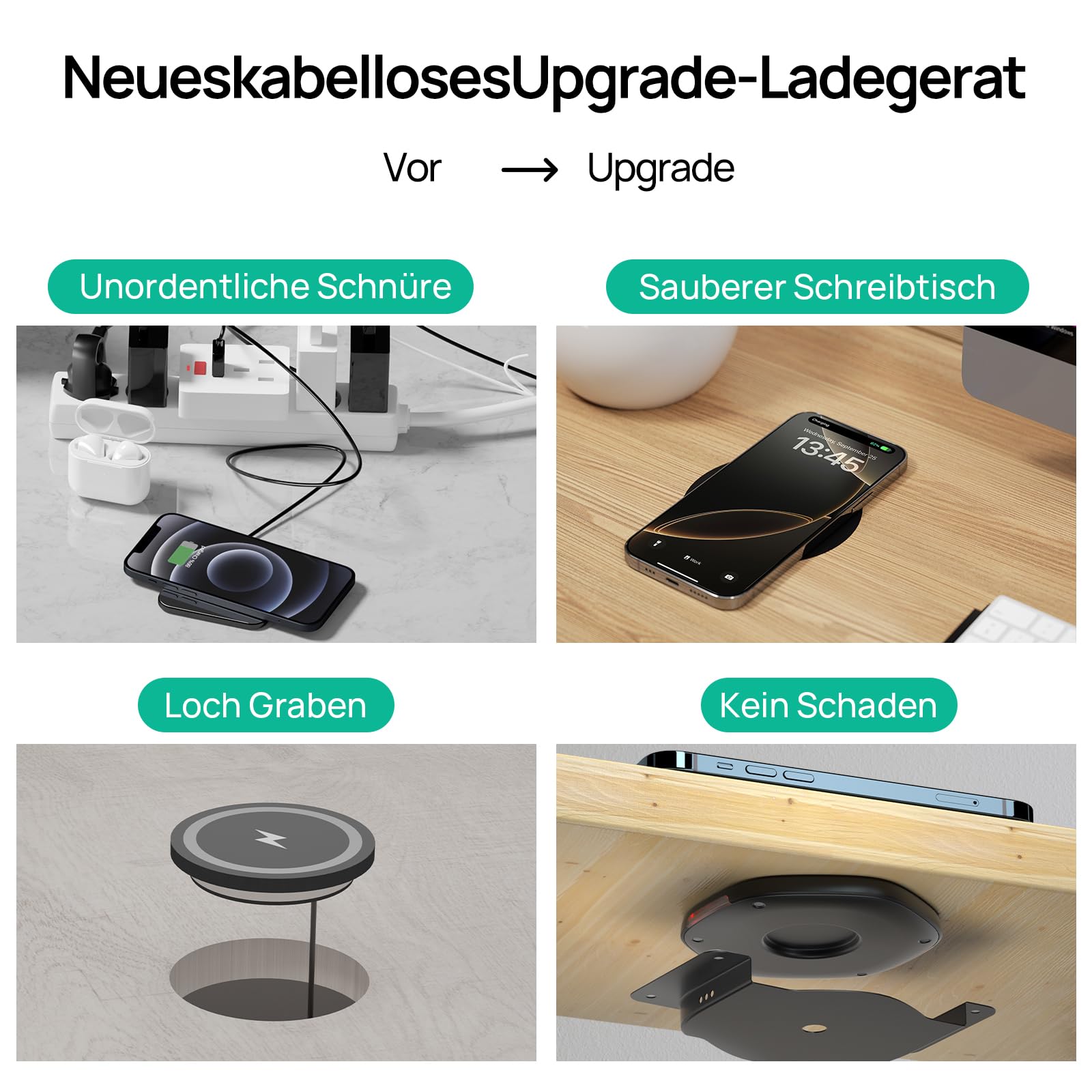 KPON Invisible Wireless Charger unsichtbares drahtloses, 30mm Versteckt unter dem Tisch, induktives Ladegerät für iPhone 16/15/14/13/12/11/Pro/Mini/Max/Xs, Samsung S24/S23/S22/S21/S20/S10/S9/S8