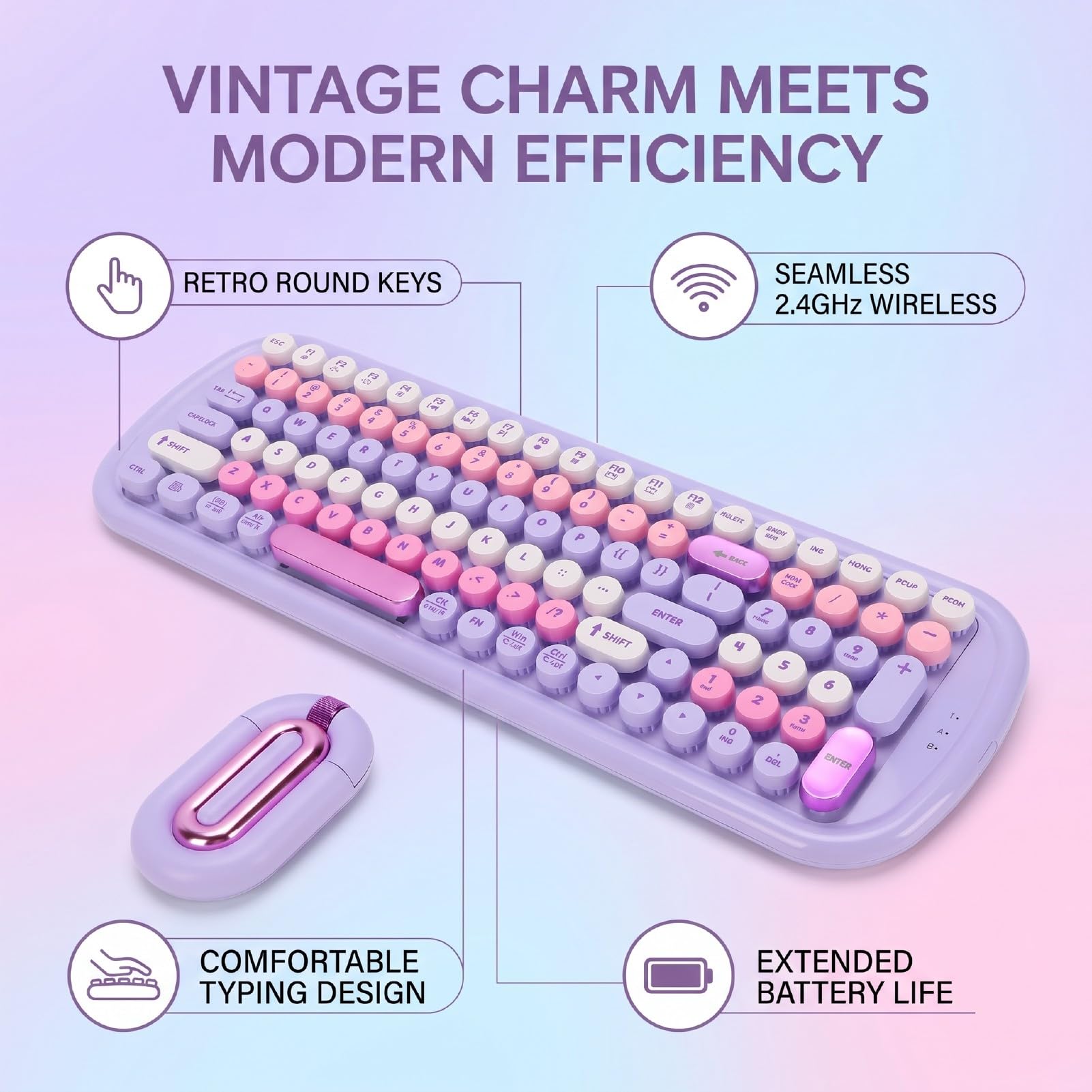 Cryfokt Bezprzewodowa Klawiatura i Mysz Combo 2.4G Retro Maszyna (PURPLE)