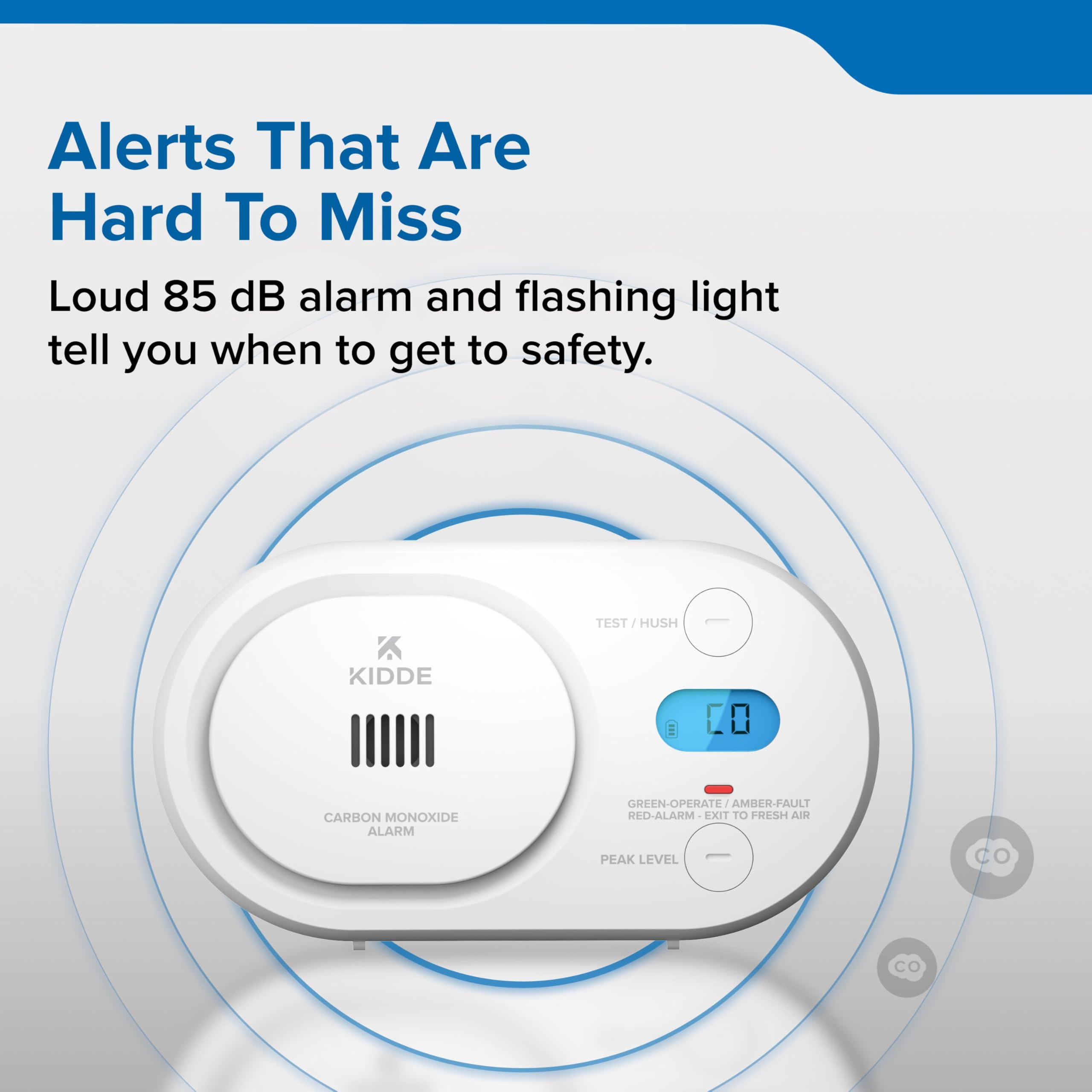 Kidde Detector de monóxido de Carbono, batería AA, Pantalla retroiluminada Digital, portátil para Viajes o en casa, Indicadores de Estado LED, Alarma de 85 dB, 5ª edición, COBD
