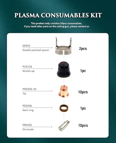 Miniatura 7 de Kit de consumibles de corte por plasma 24PK Punta de electrodo 0.039 '' Standoff MT60432 Shield Swirl Ring Fit for S45 IPT-40 Plasma Cutting Torch