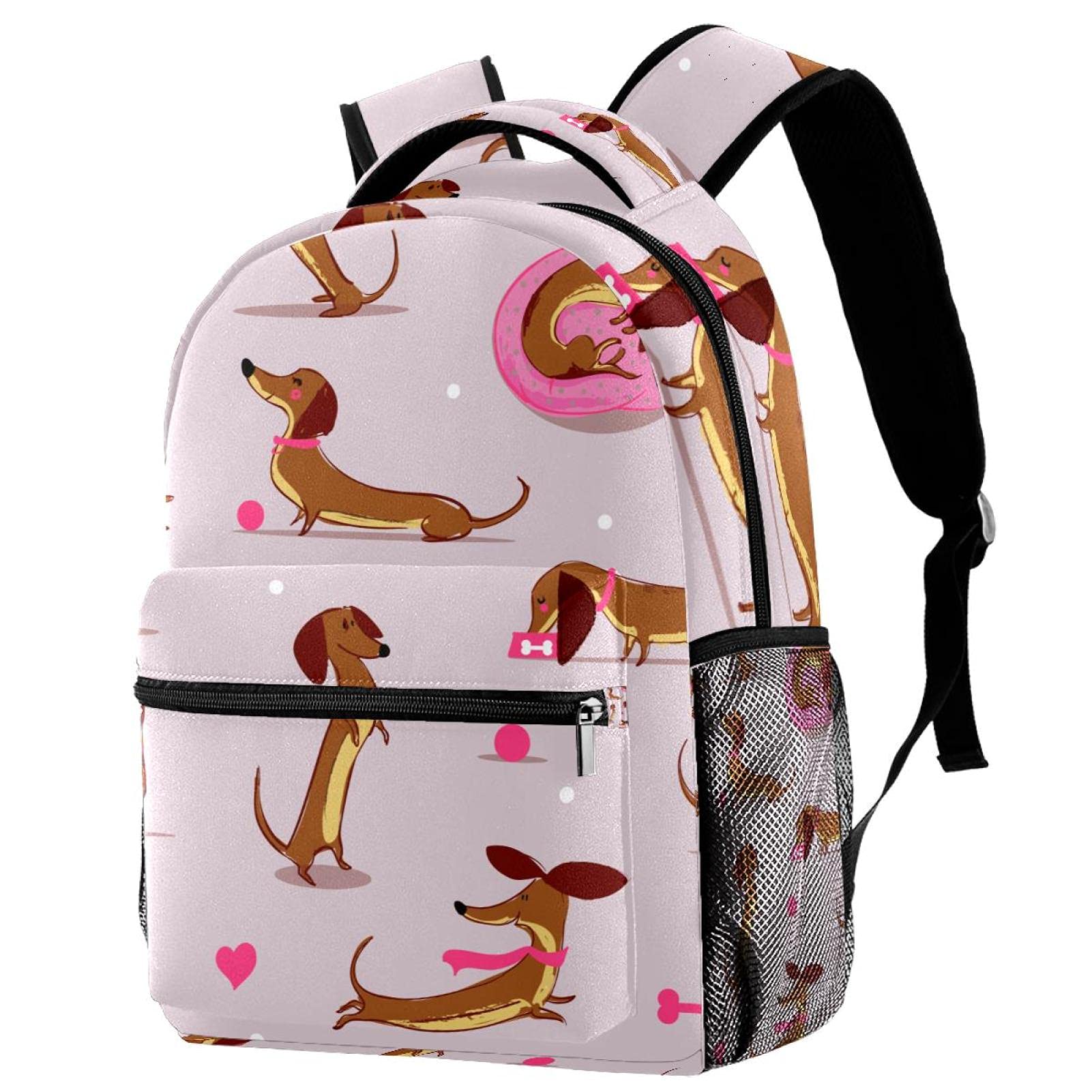 Zore_fine5 Unisex Kids Multicolor 2 Leisure Campus Travel Backpacks, Cute Sausage Dog Bags With Bottle Holder For Girls Boys