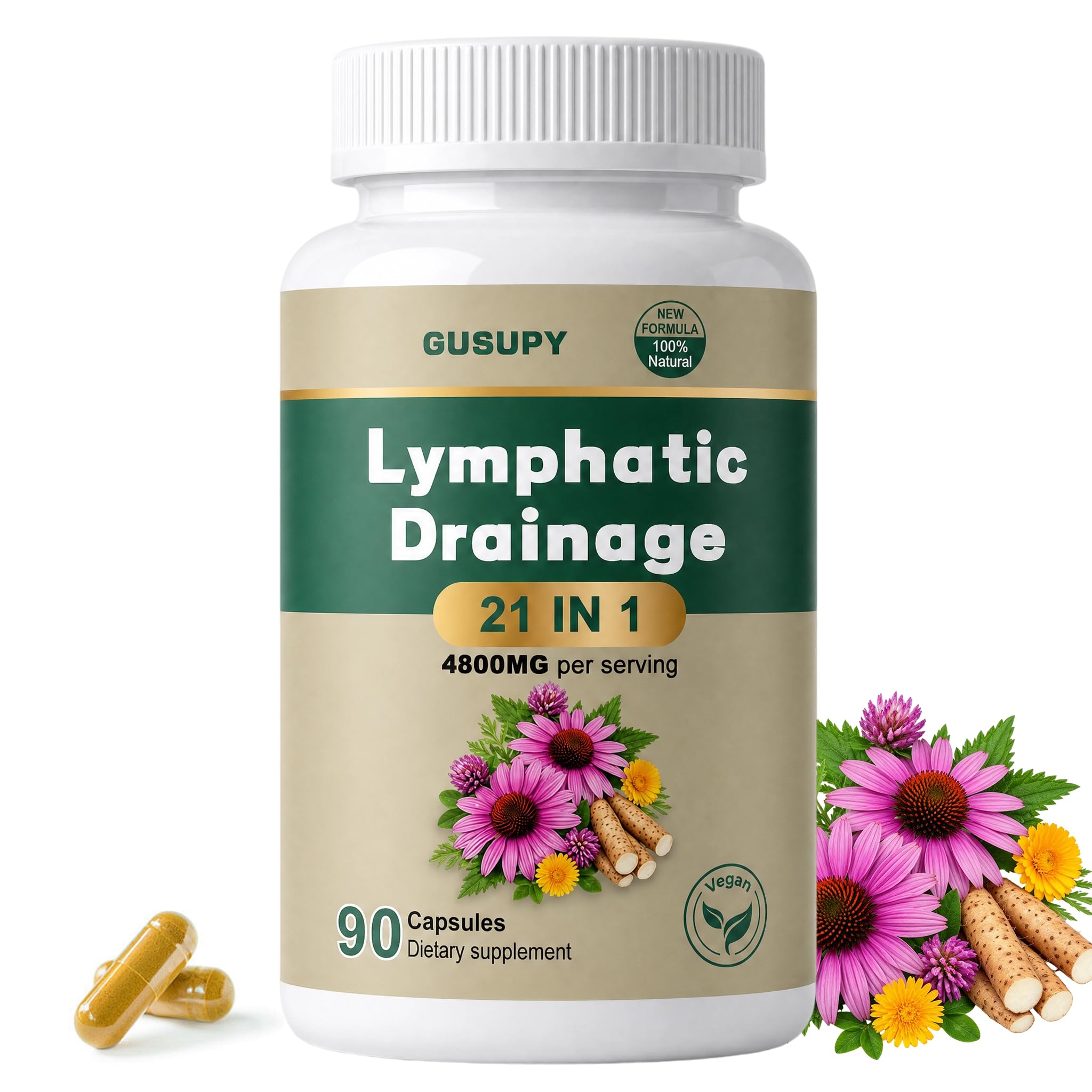 Lymphatic Drainage Support Capsules,Daily Body Care Supplement, 90 Count White