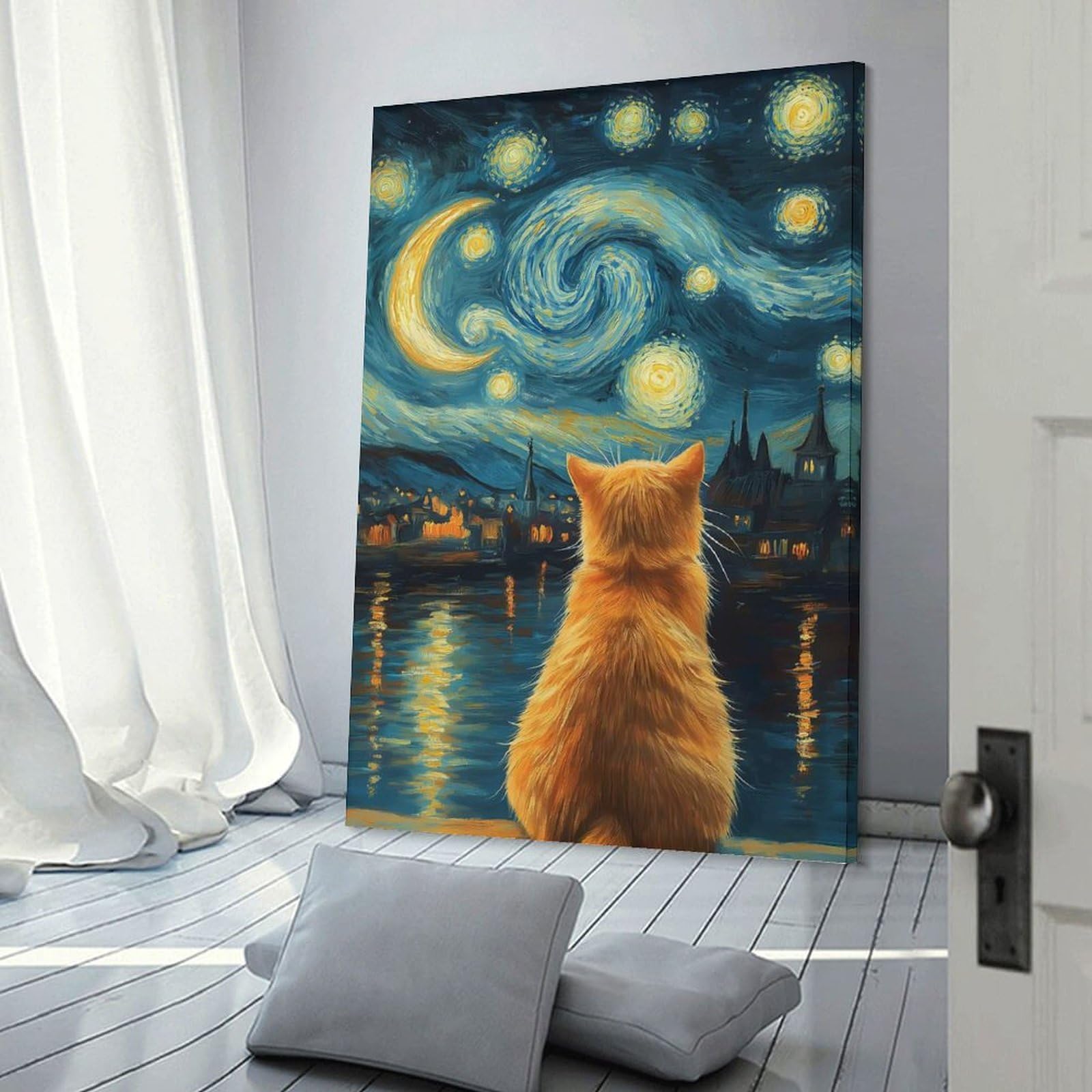 Junmoney Animal Cat Gazing at Starry Night Inspired Landscape Van Gogh Canvas Art Print, 24x36inch(60x90cm), for Living Room, Bedroom, Office Or Hallway, Decorative Artwork with Broad Appeal