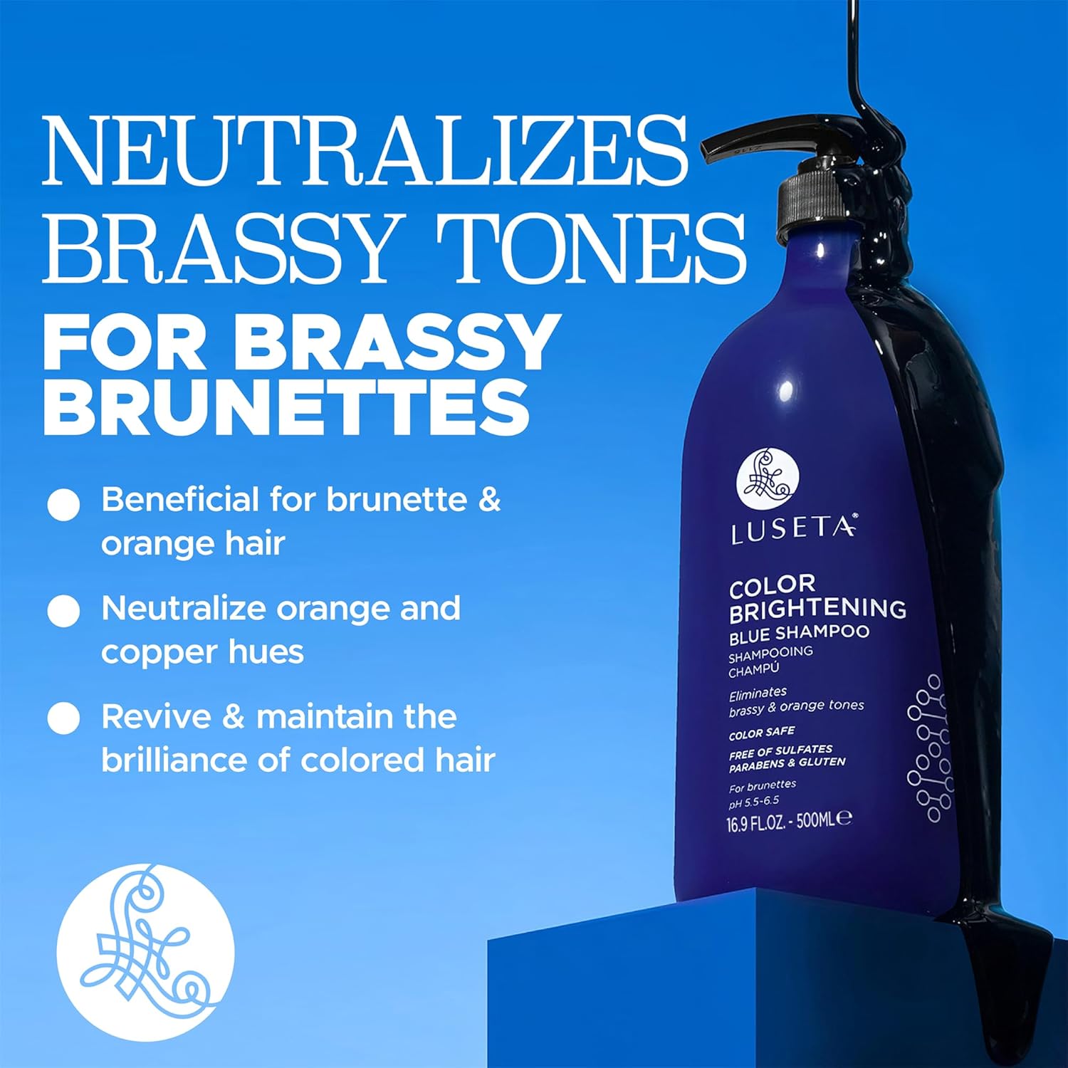 Luseta Color Brightening Blue Shampoo for Brunettes and Brassy Orange Tones, Hair Care Routine Shmapoo for Color Treated Hair, Sulfate Phosphate & Paraben Free 16.9oz - Image 3