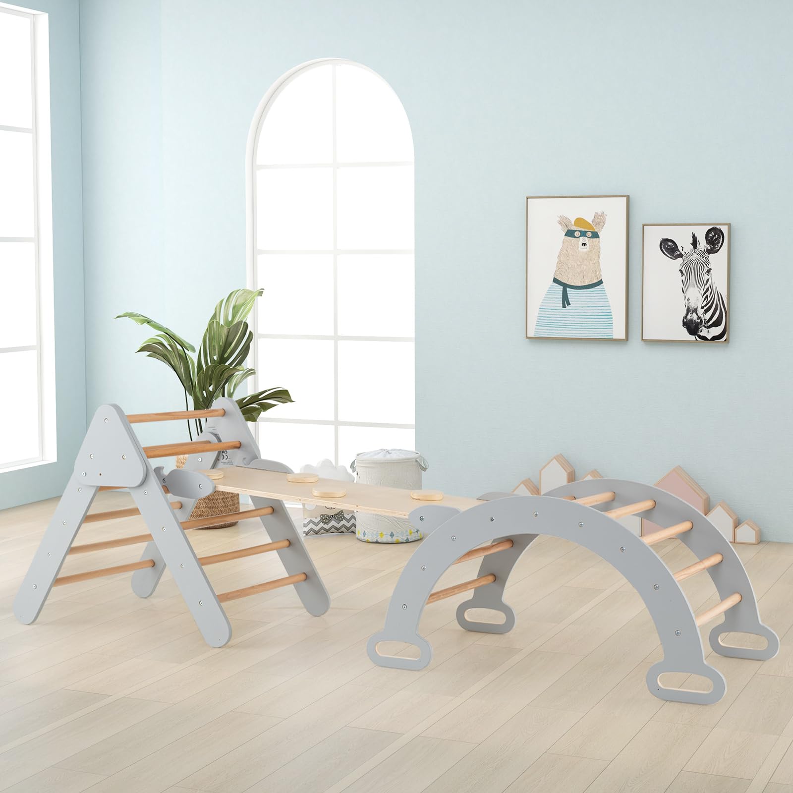 HOMASIS 3 in 1 Triangolo di Arrampicata Multiuso per Bambini, Giocattoli con Scivolo Rampa Arco, Set di Arrampicata per Asilo Nido, Parco Educativo per Bambini di 1+ Anno (Grigio)
