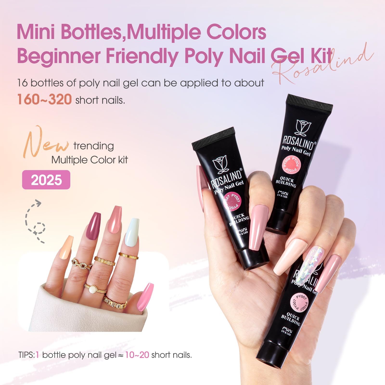 ROSALIND Acrygel Kit Complet, 16 Couleurs 10 ml Gel pour Extension d’Ongle Avec Lampe UV, Base & Top Coat et Outils de Manucure, Gel Construction Ongle UV Set de démarrage pour DIY Nail Art