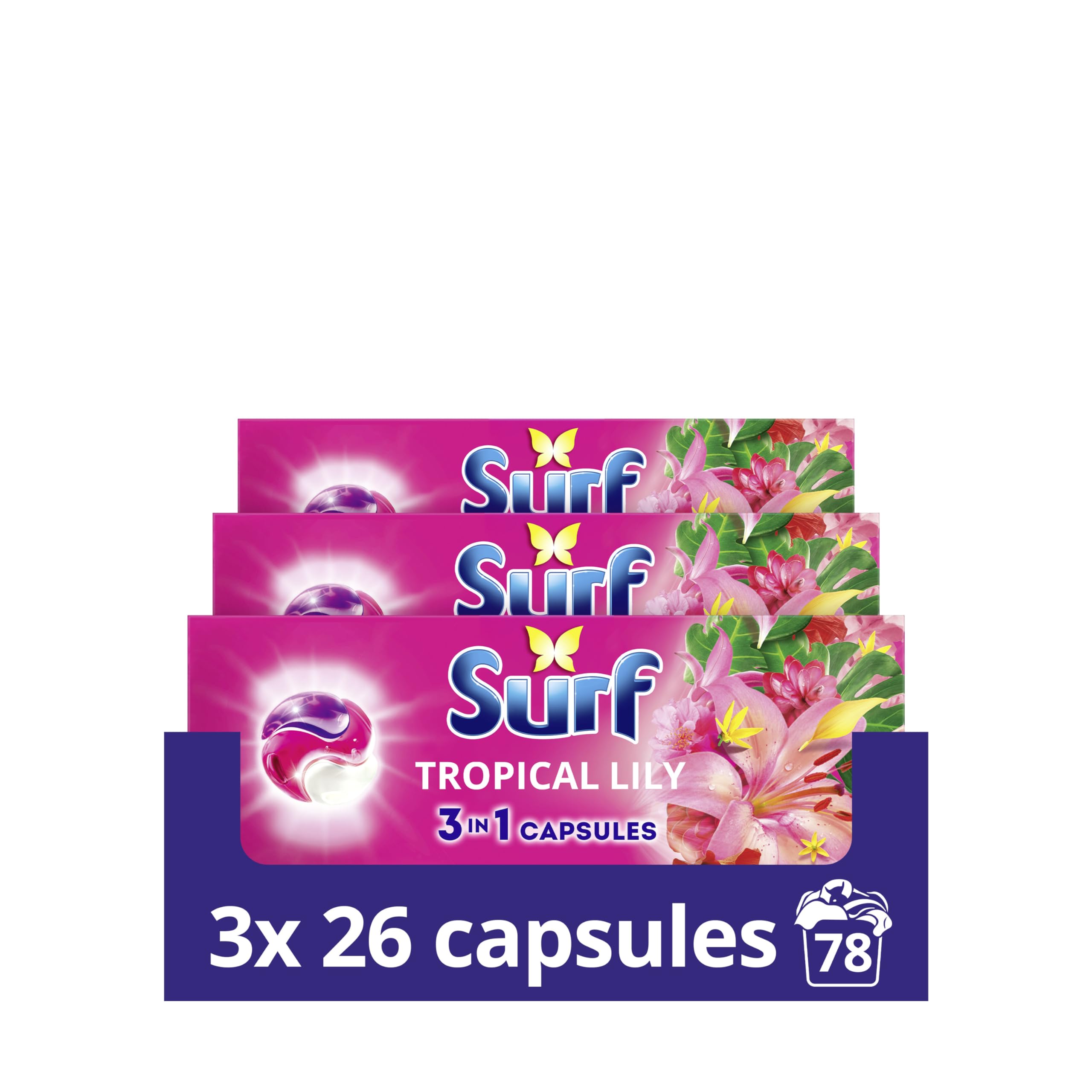 Surf 3 in 1 Tropical Lily Laundry Washing Detergent Capsules 78 washes (3x 26) joy-infused fragrance with natural essential oils lasting up to 12 hours in wear for brilliantly clean results